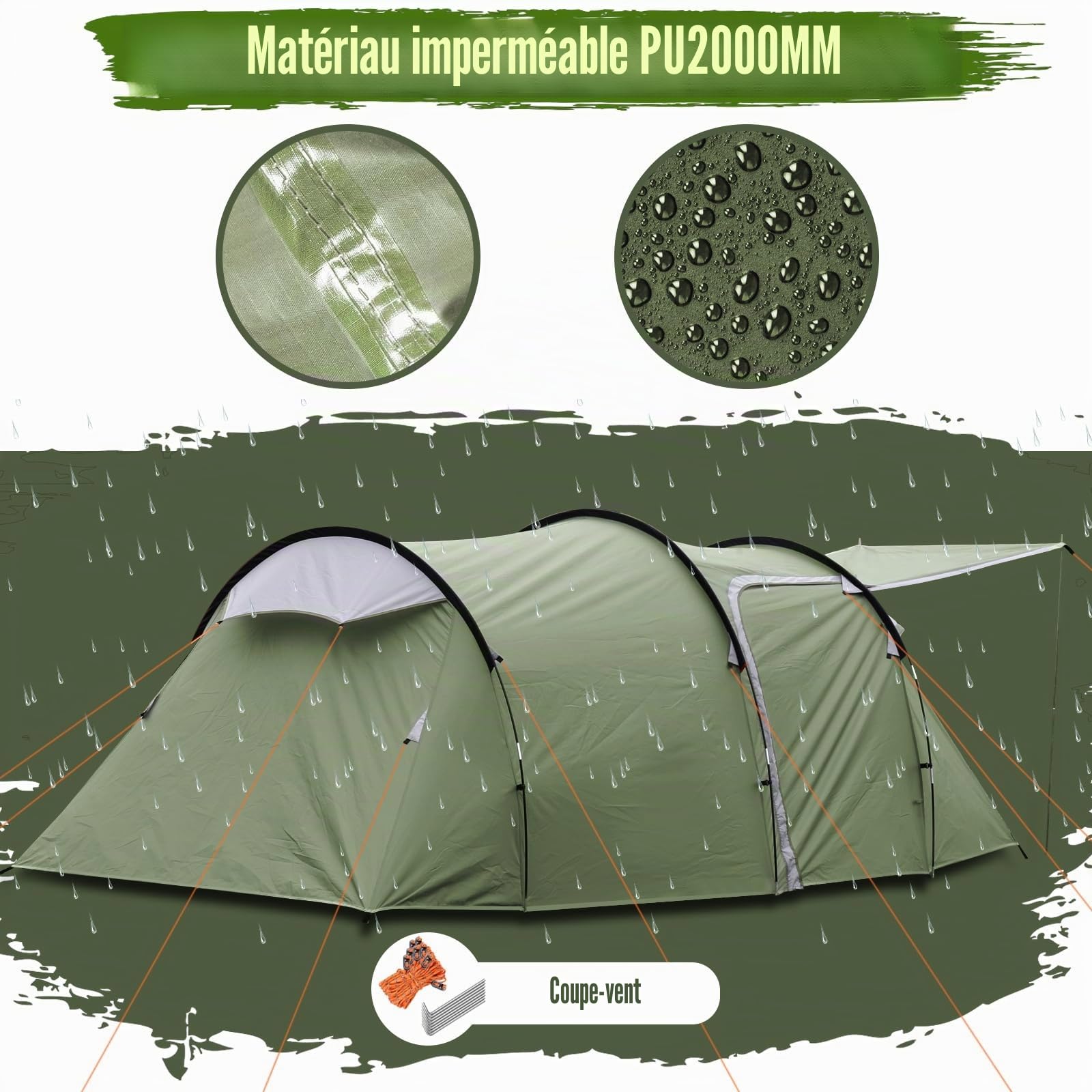 Chihee Tente Tunnel de Camping pour 4 Personnes avec 2 Portes - Résistante aux intempéries - Tente 4 Saisons - avec Porche blindée - Sac de Transport Rainfly pour Les Voyages en Plein air et la