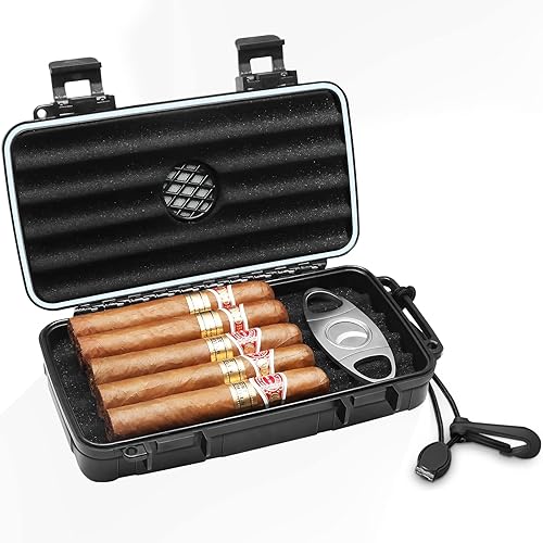 Flauno Travel Cigar Humidor Case - Portable Cigar Box with Humidifier Disc & Cigar Cutter | Waterproof | Crushproof | Airtight | Durable (Holds up to 5 Cigars)