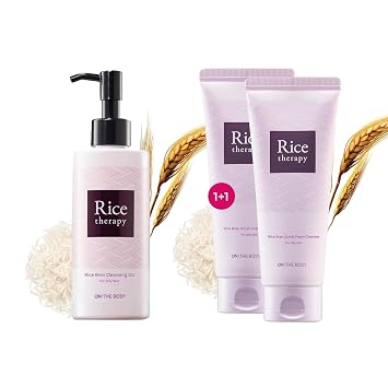 Rice Therapy Cleansing Oil 6.8fl oz & Rice Bran Foam Cleanser 5.1+5.1fl oz, Pack of 2 - Facial Deep Cleansing Foam for Oily Skin. Radiant, Smooth Skin with Gentle Scrub for Men & Women,
