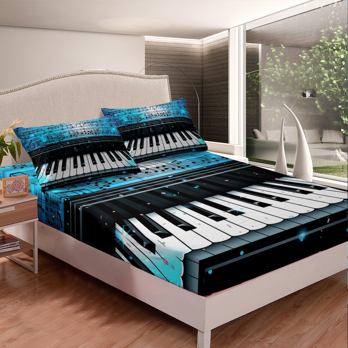 Feelyou King Size Piano Bed Sheets Boys Girls Musical Sheet Set for Kids Music Theme Bed Set Blue Sheets 4Pcs,1 Fitted Sheet+2 Pillow Sham+1 Flat Sheet