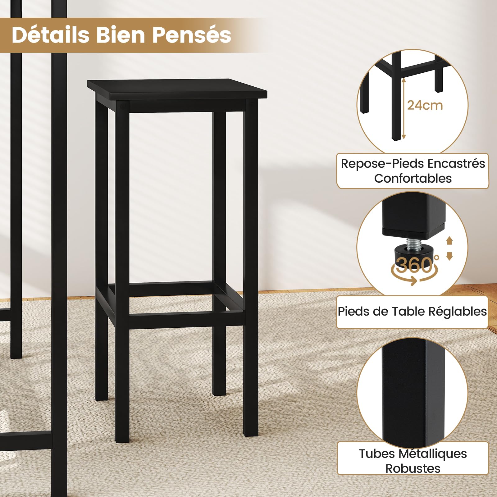 GIANTEX Table Haute Cuisine pour 3 Personnes, Mange Debout Rectangulaire, 2 Tabourets avec Repose-Pieds, Cadre en Métal, Style Industrielle pour Petit Espace, Salle à Manger, Restaurant (Noir)