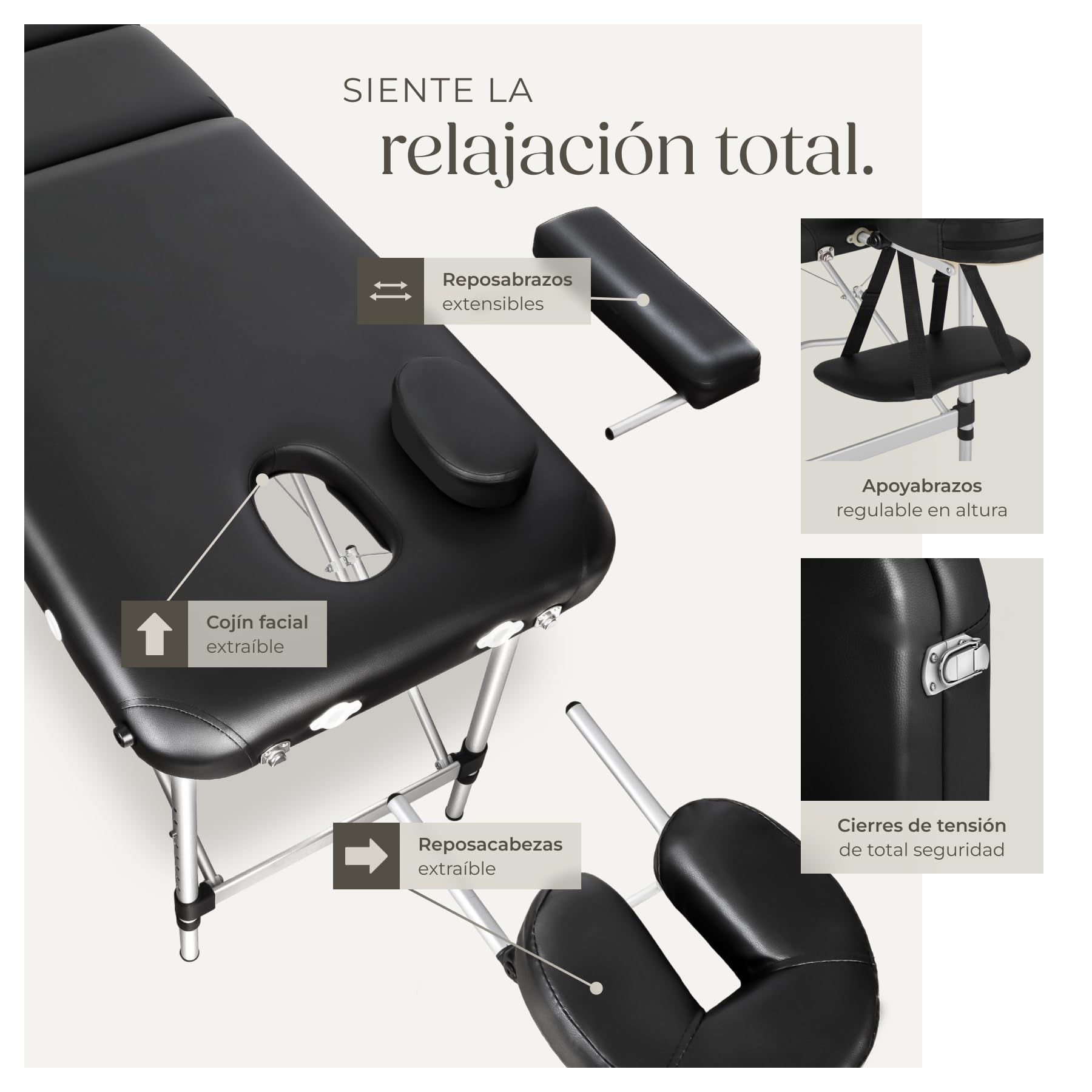 tectake® Camilla Masaje Plegable, Camilla Profesional Fisioterapia, Quiromasaje, Tatuajes, Reiki, Camilla Estética Profesional de Aluminio, Ajustable en Altura, 2 Zonas, con Bolsa Transporte - Negro