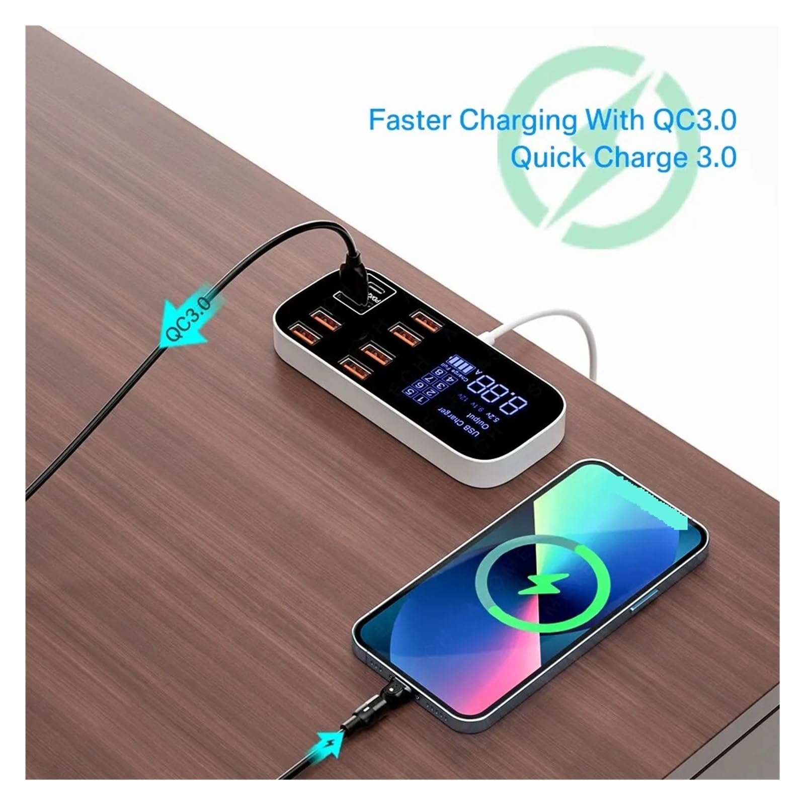 8-portowa Stacjonarna Stacja Ładująca USB Z Wyświetlaczem LED QC3.0 PD3. Szybkie Ładowanie MożLiwość Szybkiego łAdowania