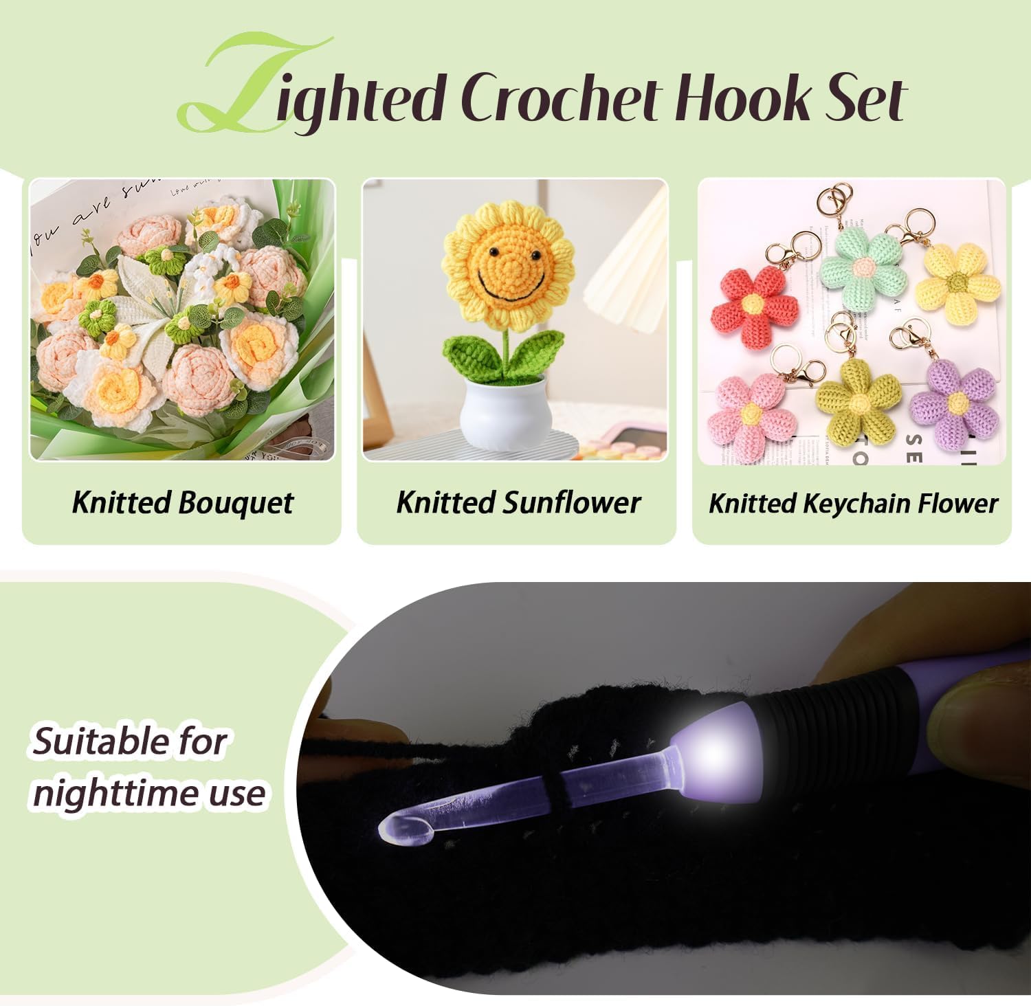 Yarniss LED Crochet Hook Set 3.5mm, 4.5mm, 5.0mm, 5.5mm, 6.5mm, Light Up Crochet Hook with Spare Battery
