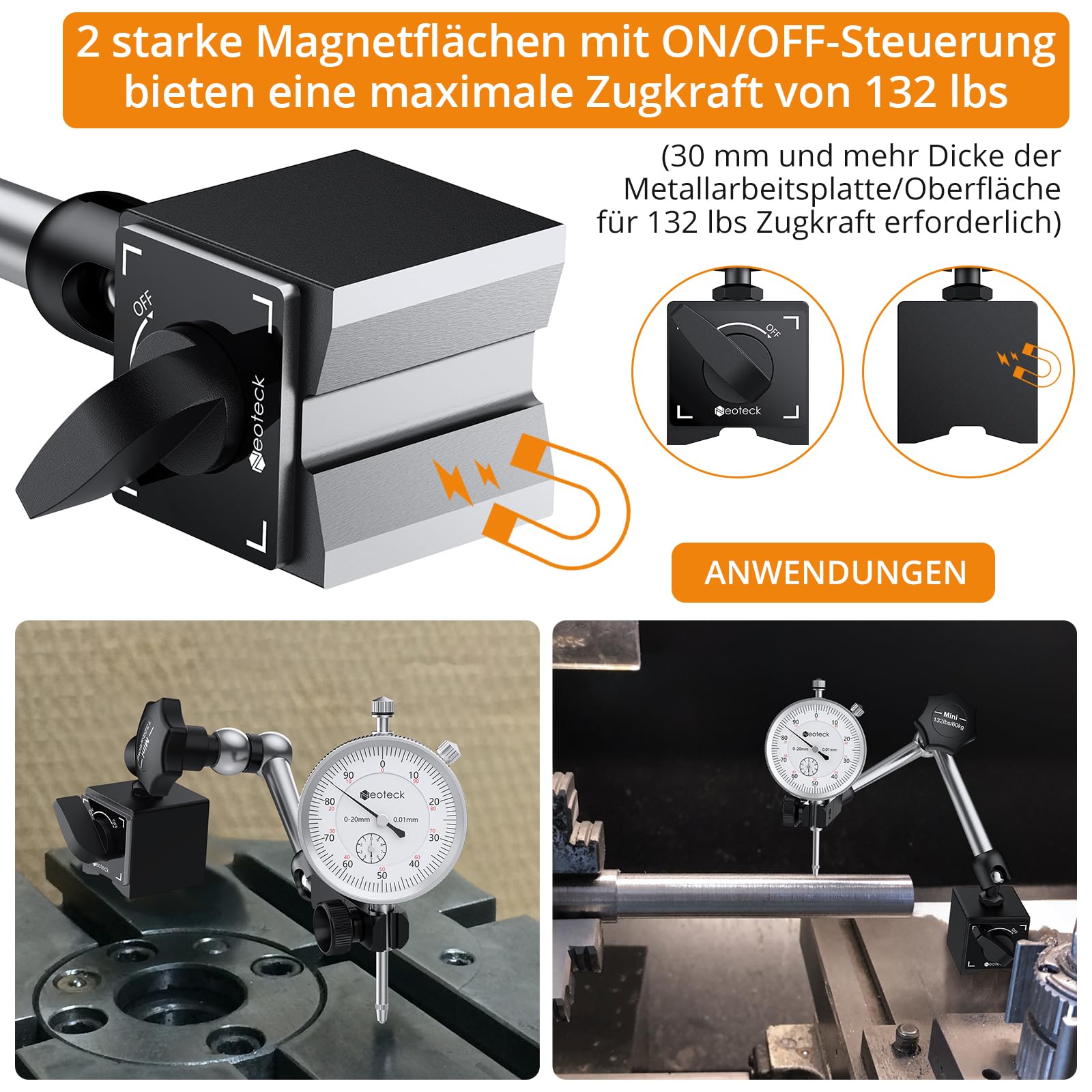 Neoteck Messuhr und Magnetstativ, Messtaster 0-20mm, Zentralklemmung Messuhrhalte 60 kg max. Zugkraft Basis Ständer für Messuhr