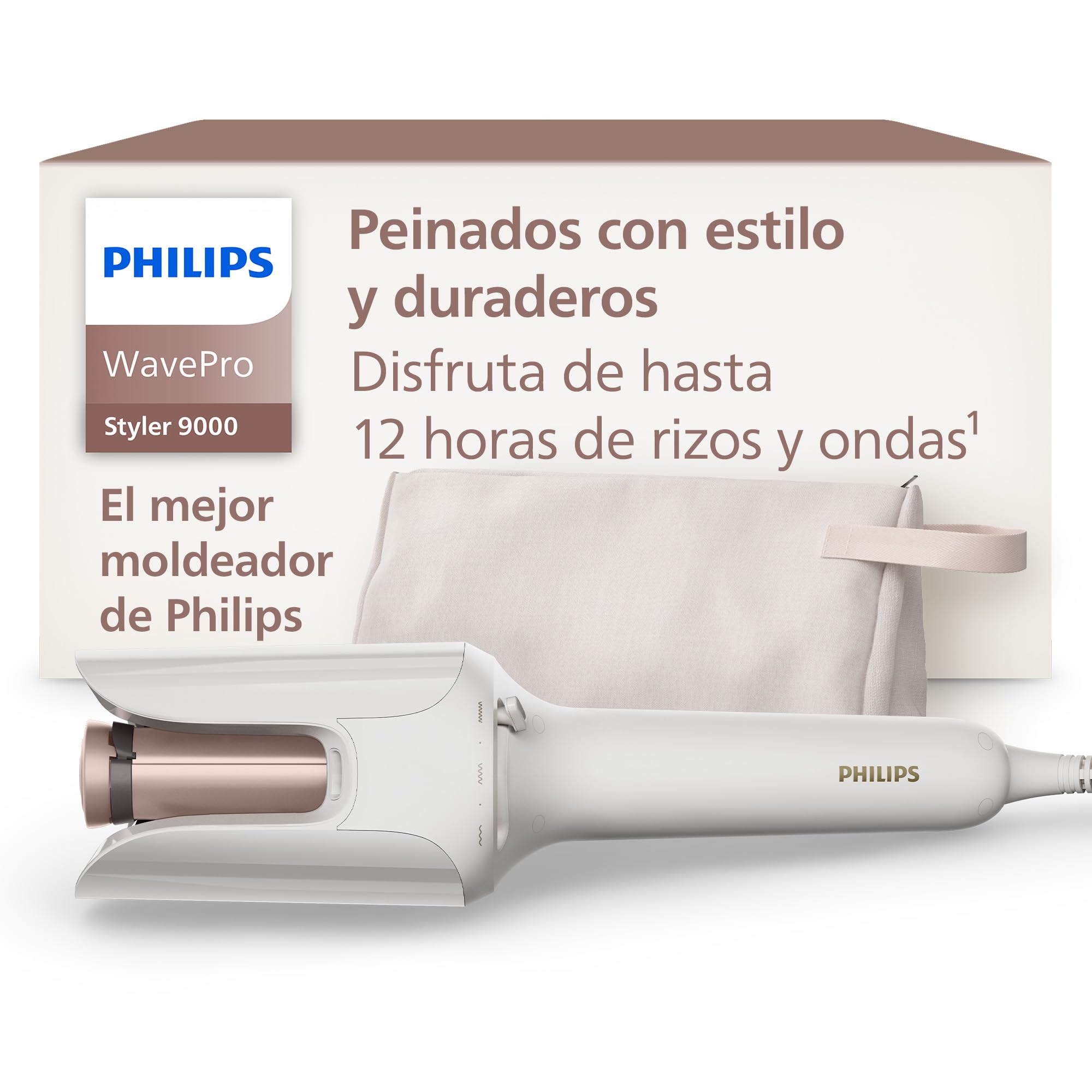 Philips WavePro Styler 9000 – con Tecnología SenseIQ y cilindro ajustable para ondas y rizos, moldeado 360º para crear estilos duraderos, blanco seda, con funda, modelo BHB968/10