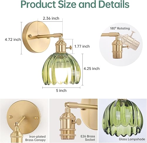 Miniatura 6 de Aplique de pared vintage a pilas con bonita pantalla de cristal de tulipán verde, inalámbrico, recargable, funciona con pilas, con control remoto,