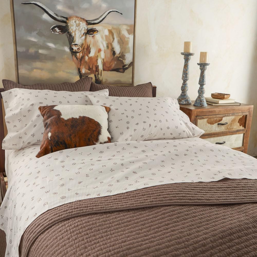 Rod's True Western Cattle Brands Queen Sheet Set – 4 Piece Ticking Stripe Bedding, Beige and Cream Cotton Sheets with Pillowcases