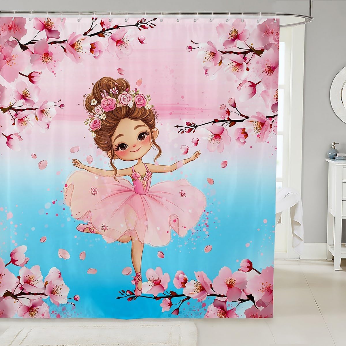 Cute Little Ballet Princess Shower Curtain Ballerina Bath Curtain 72"Wx78"L,Cherry Blossom Bathroom Shower Curtain Sets Pastel Pink Blue Floral Bathroom Accessories,Japanese Flowers Kawaii Room Decor
