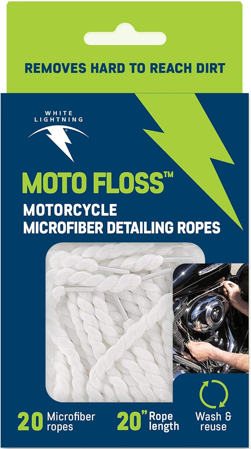 White Lightning Moto Floss Motorcycle Detailing Microfiber Cleaning Ropes for Wheels, Spokes, Brake Calipers, Suspension Parts and Hard-to-Reach Areas, 20 Count