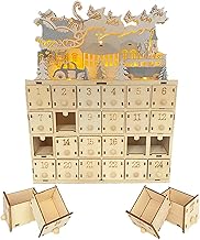 Wooden Advent Calendar with LED Lights, Empty Advent Calendar with 24 Storage Drawers, Reusable C-Advent Calendar to Fill for Children, Christmas Decoration (A)