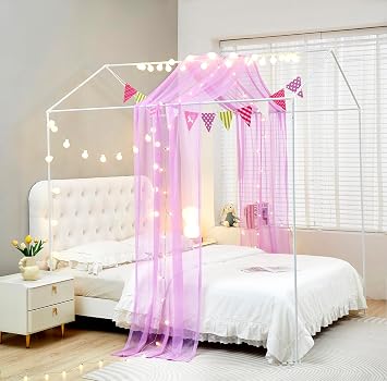 Mengersi House Bed Canopy Bed Curtains with Lights,Montessori Floor Bed Canopy for Girls Boys,Four Poster Bed Curtains House Bed Decoration (Twin/Twin XL, Purple)