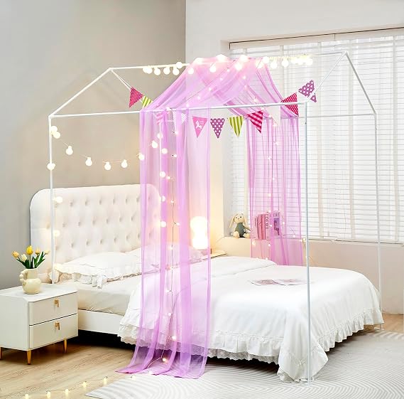 Mengersi House Bed Canopy Bed Curtains with Lights,Montessori Floor Bed Canopy for Girls Boys,Four Poster Bed Curtains House Bed Decoration (Twin/Twin XL, Purple)