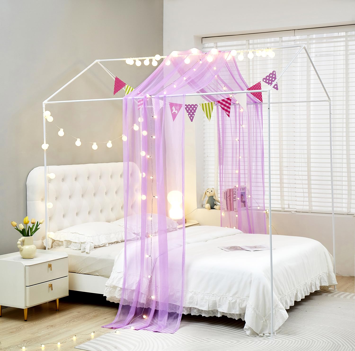 ZIQINPSQ House Bed Canopy Bed Curtains,2pcs Montessori Floor Bed Canopy for Girls Boys,Mosquito Net For Kids Wood Bed Frame,Bedroom Decorations (Purple) - Image 3