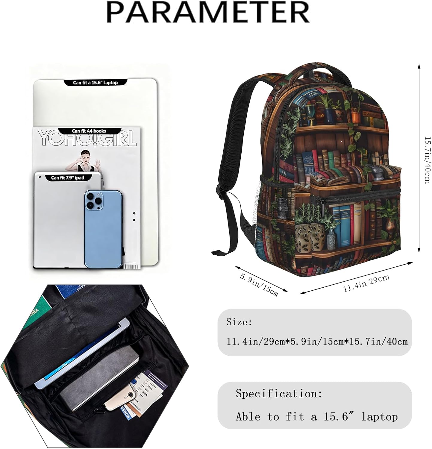 Bookshelf Casual Backpack, Lightweight Laptop Bag Daypack, Book and Botanical Backpacks for Women Teens Students, Vintage Classic Polyester Bookbag Gifts for School Work Travel Hiking - Image 5