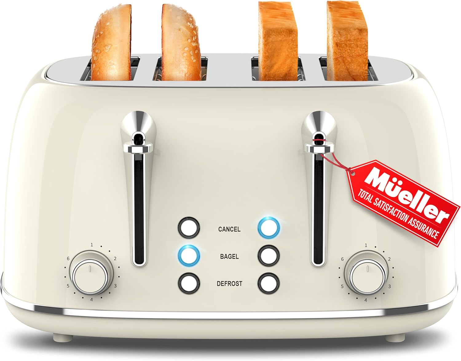 Mueller Retro Toaster 4 Slice with Extra Wide Slots Bagel, Defrost, and Cancel Function, 6 Browning Levels, Dual Independent Controls, Removable Crumb Tray and High Lift Levers, Beige Mueller Retro Toaster 4 Slice with Extra Wide Slots Bagel, Defrost, and Cancel Function, 6 Browning Levels, Dual Independent Controls, Removable Crumb Tray and High Lift Levers, Beige