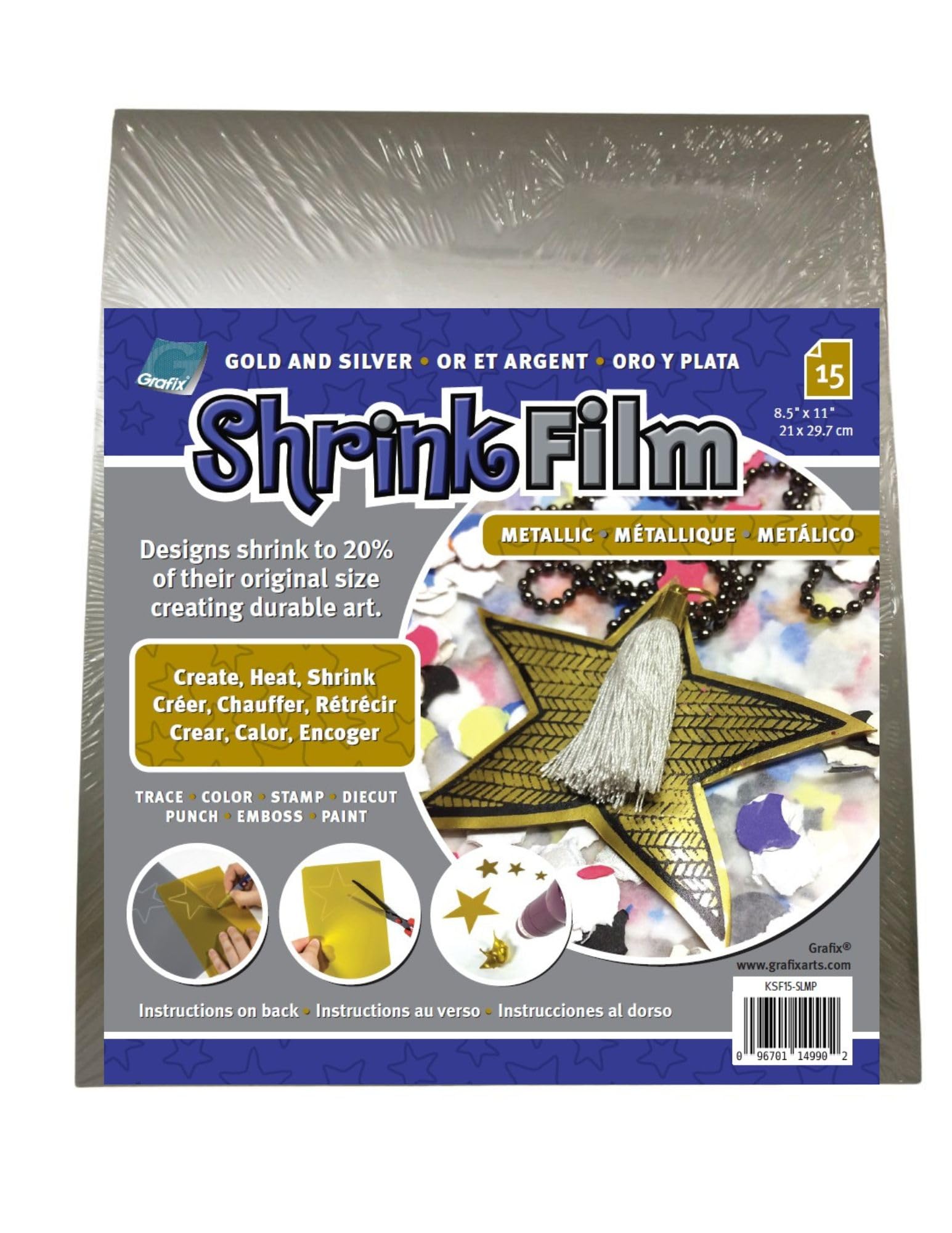 Grafix Metallic Shrink Film, Silver Opaque, 8.5 x 11 in, Pack of 15