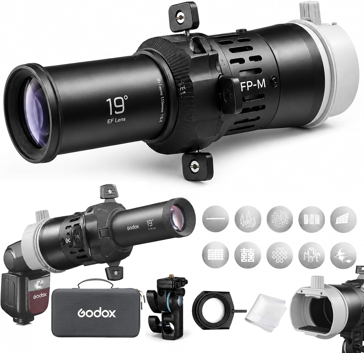 Godox FP-M-19 Flash Projector Mini, Square-Head GOBO Projection Attachment with 19° Lens for AD200Pro/AD200ProII Square Head, V860III, TT685II, TT600 and V480, for GOBO Portrait Lighting