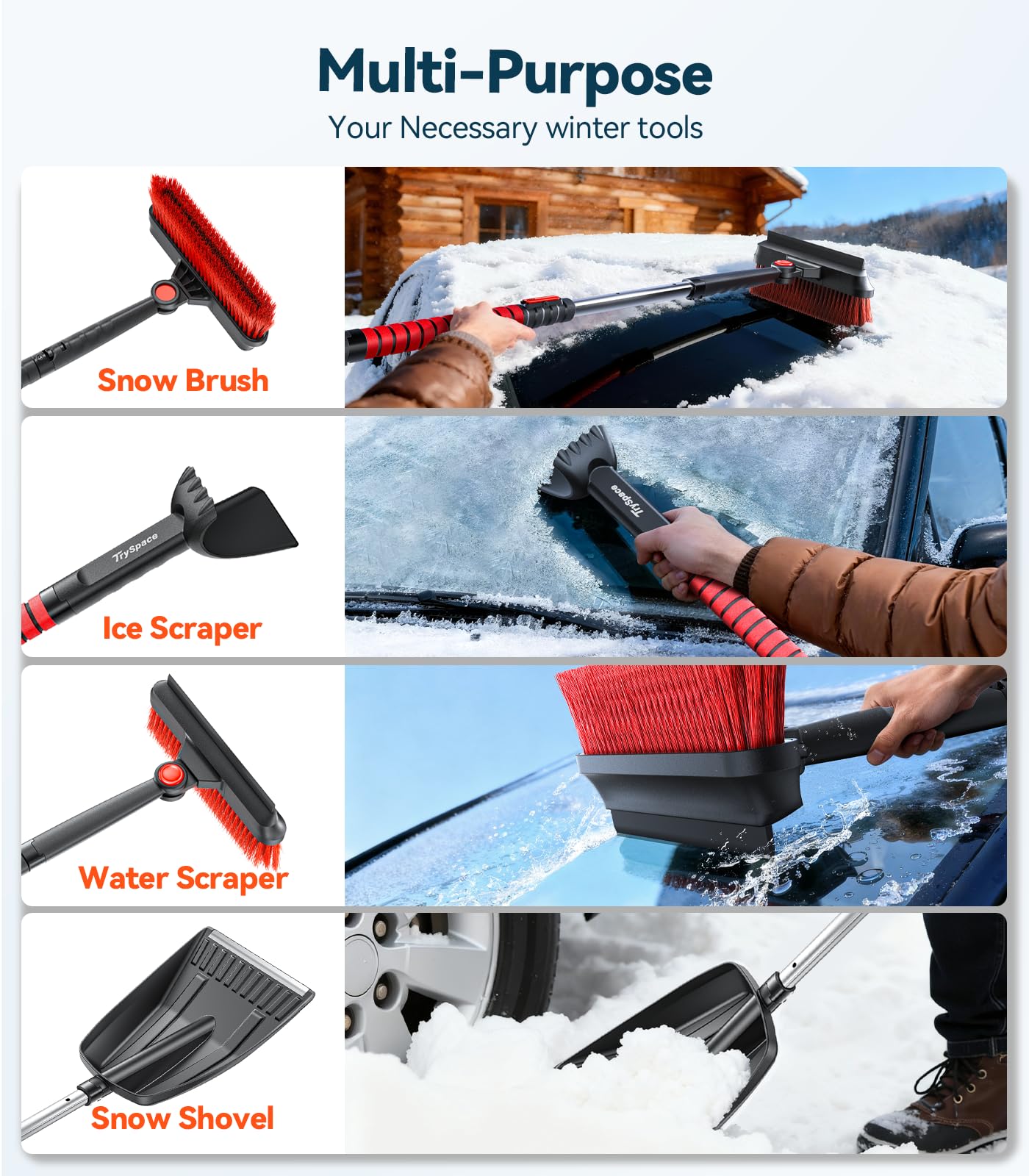 TrySpace Wszechstronna wysokowydajna szczotka do czyszczenia 99 cm wysuwana szczotka do śniegu i skrobaczka do lodu z raklą, łopatą, skrobaczką do lodu do przedniej szyby samochodu, ciężarówki
