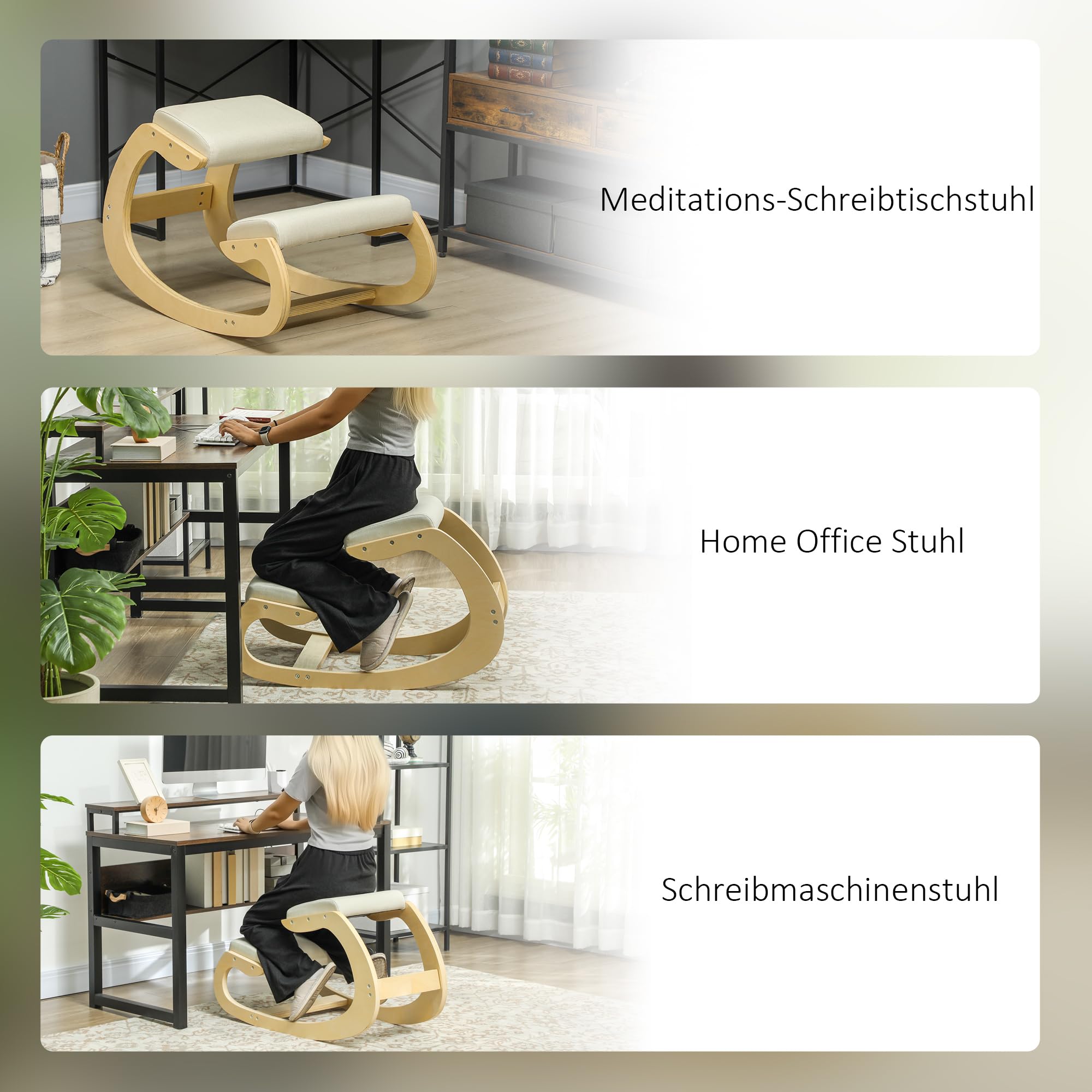 HOMCOM Kniestuhl Ergonomisch, Kniestuhl aus Holz, Bürostuhl für Homeoffice, Gesundheitsstuhl zur Verbesserung der Körperhaltung, Creme