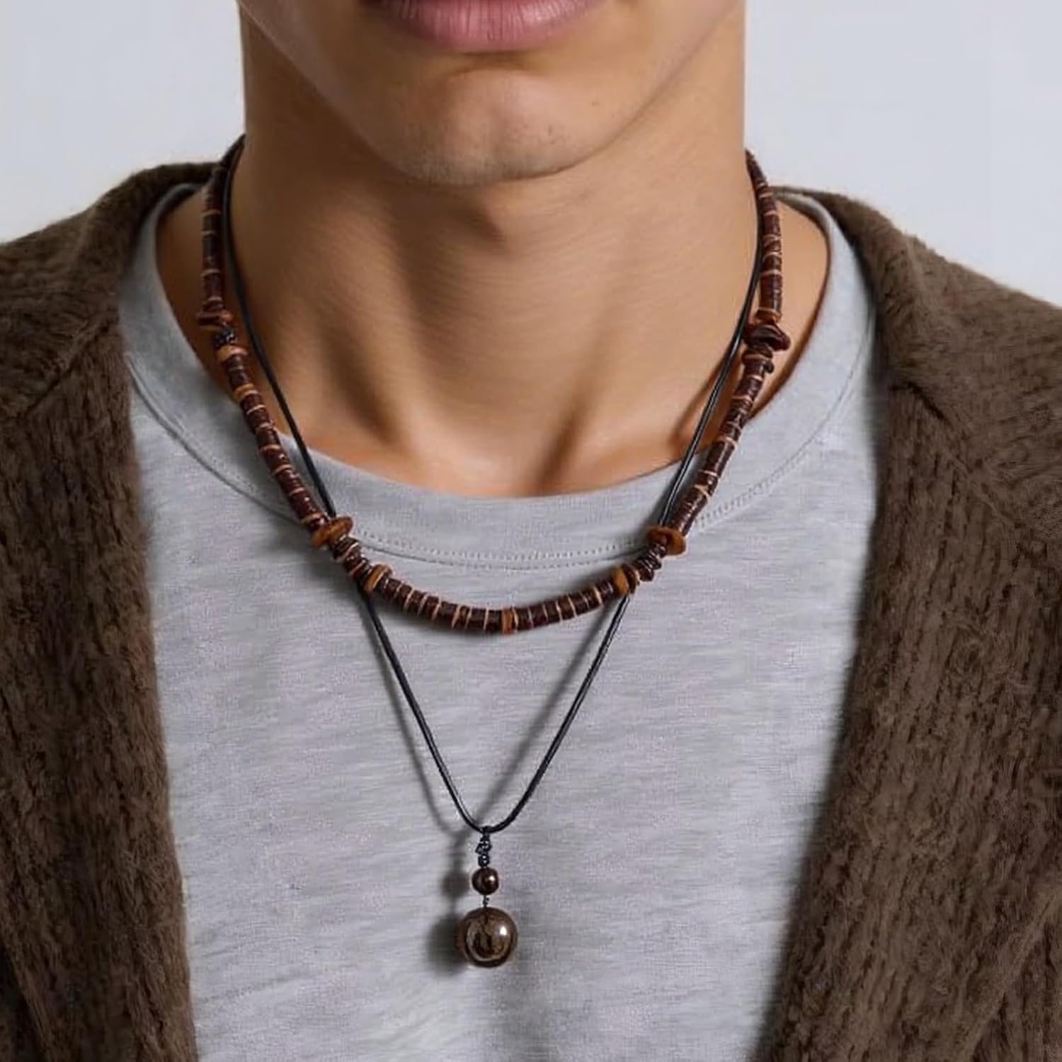 Layered Puka Shell Necklace for Men, Surfer Mens Necklace, Tigers Eye Beads and Coconut Bead Summer Beach Jewelry, Hawaiian Surfer Choker, Summer Beach Gift for Your Boyfriend Son Husband