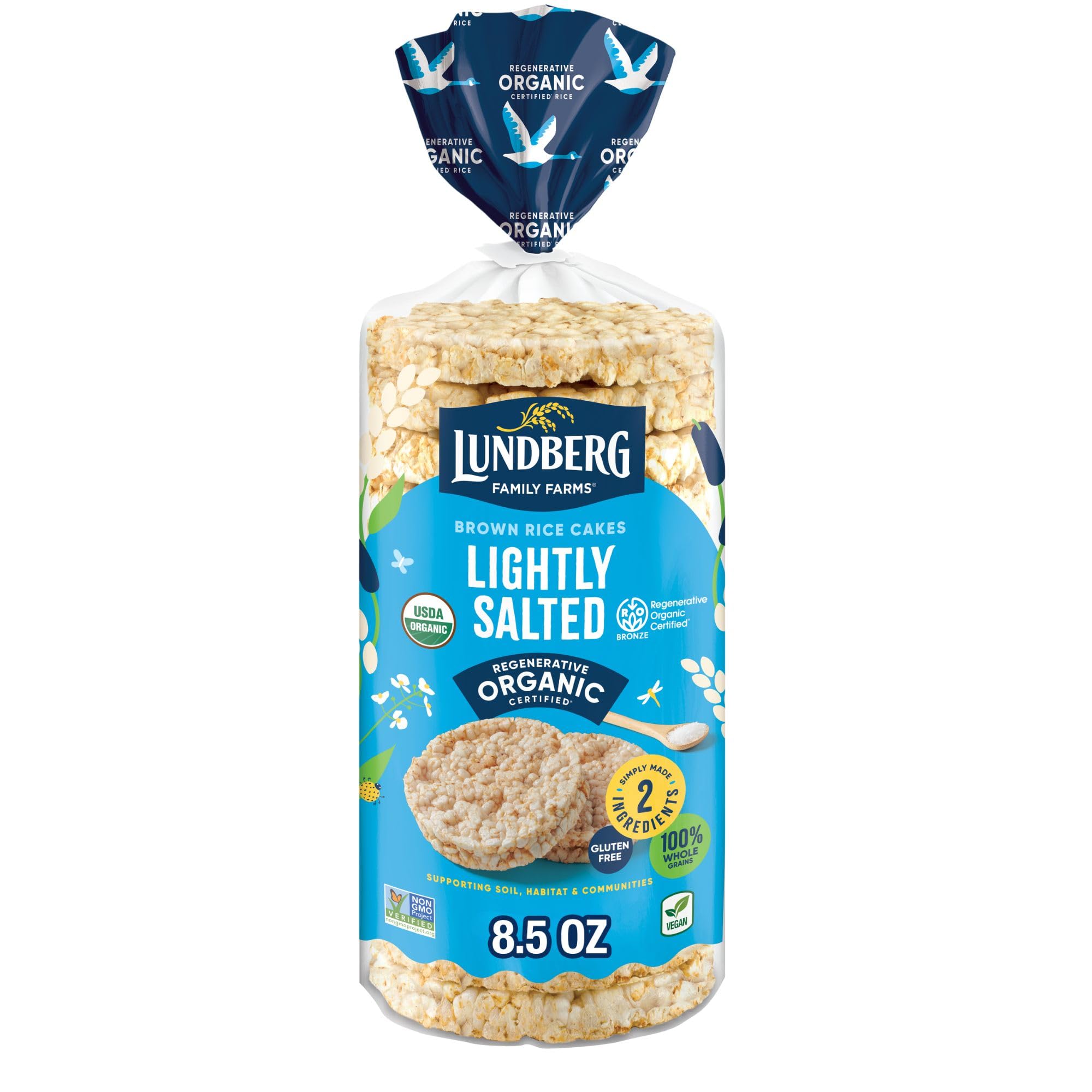 Lundberg Organic Brown Rice Cakes, Lightly Salted, Gluten-Free, Vegan, Healthy Snacks, 8.5 OzUSDA OrganicRegenerative Organic CertifiedRegenerative Organic CertifiedRegenerative Organic CertifiedRegenerative Organic Certified