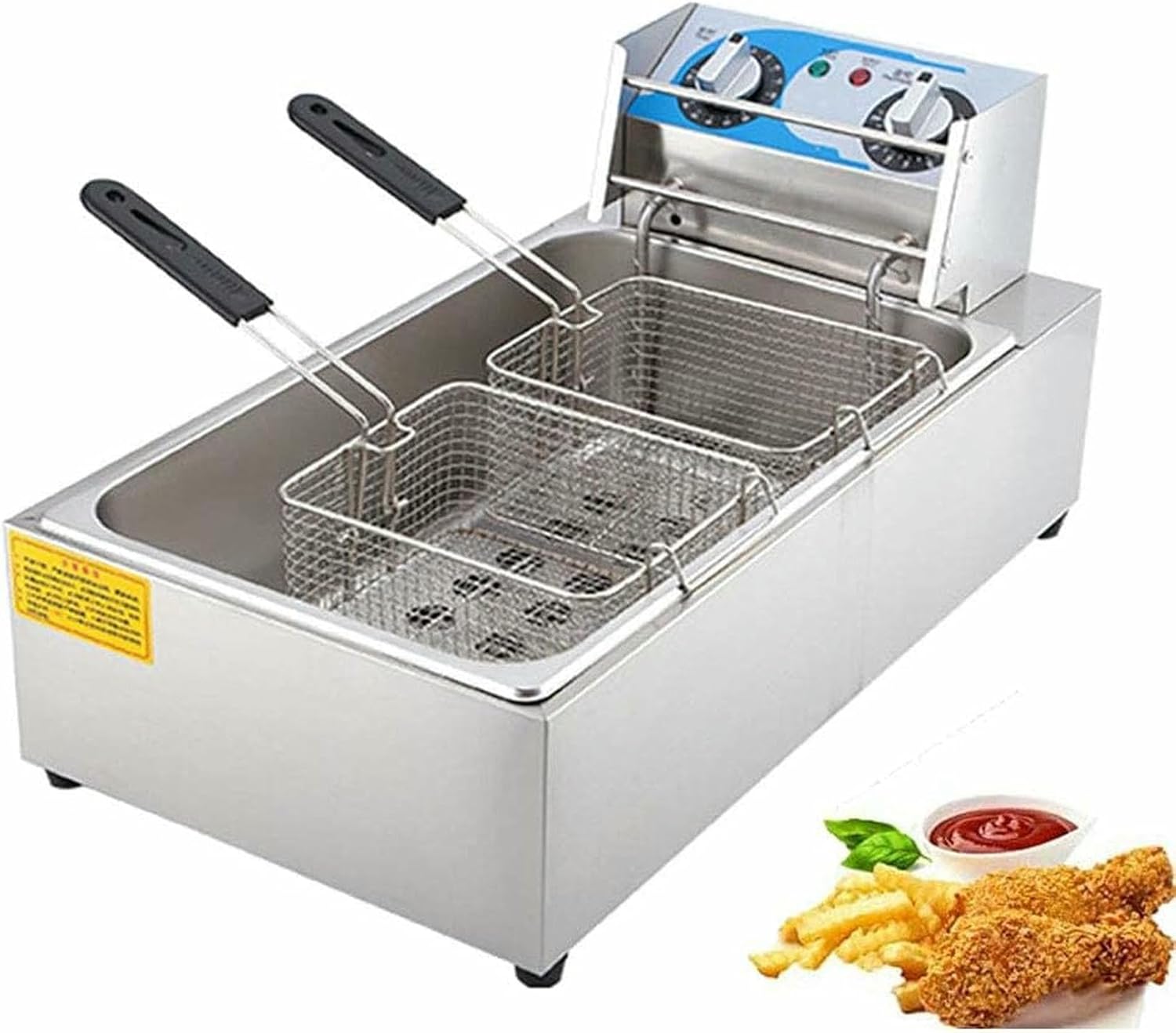 12L Deep Fat Fryer, Non-Slip Feet,Stainless Steel Electric Fryer,with Basket,Timing,for Home Commercial,Double Cylinder