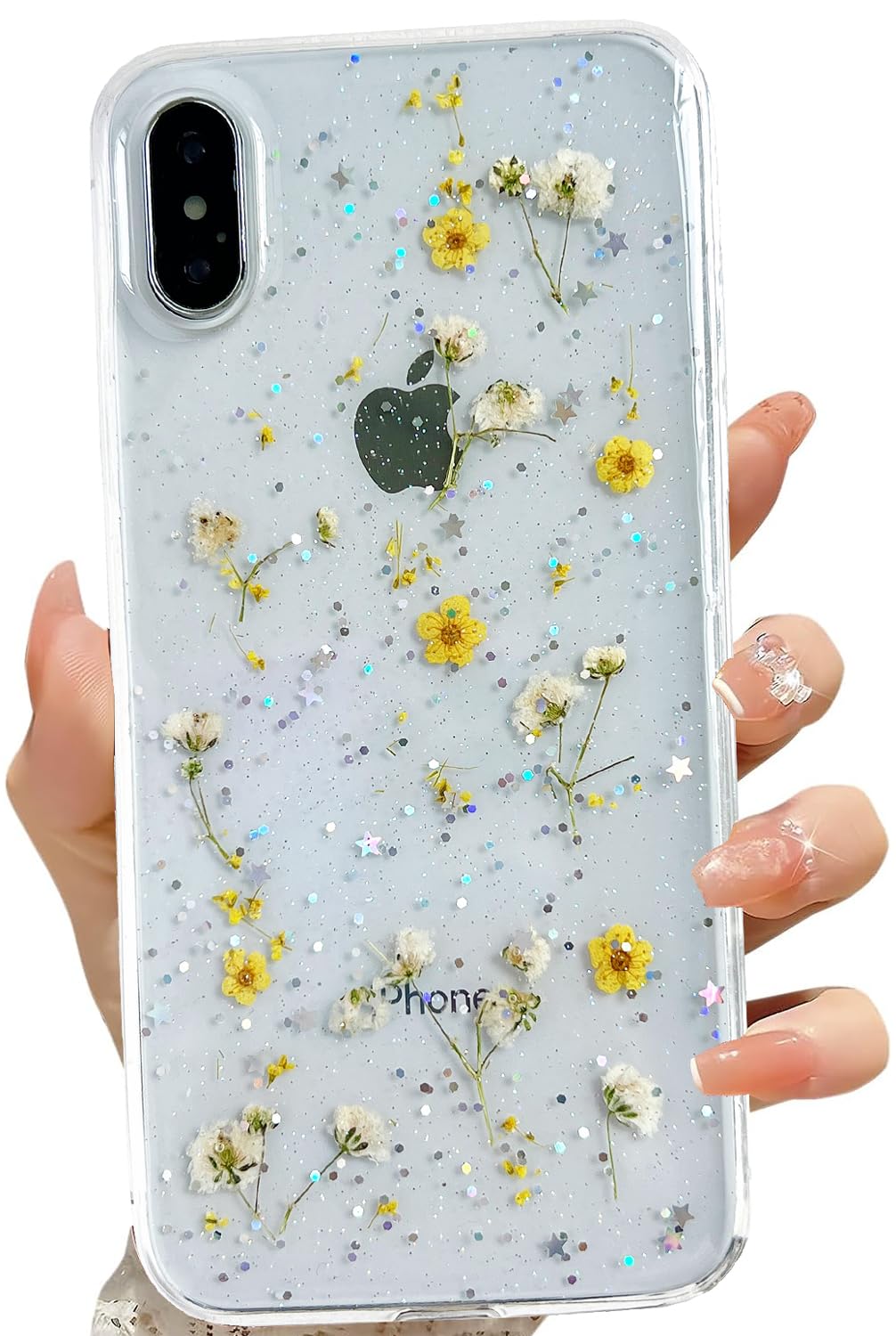 LSEEKA for iPhone Xs Max Clear Case with Pressed Real Flowers Design,Glitter Cute Yellow Floral Pattern Slim Soft TPU Protective Women Girl's Phone