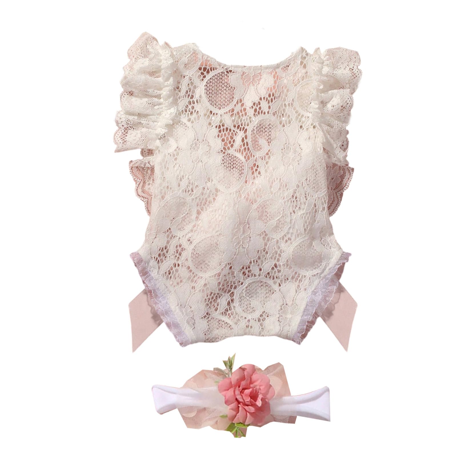 Buxuaaaa Girls Lace Romper with Bowknot and Floral Headband Sweet Headdress for Memorable Photos and Family Gatherings Breathable Baby Romper