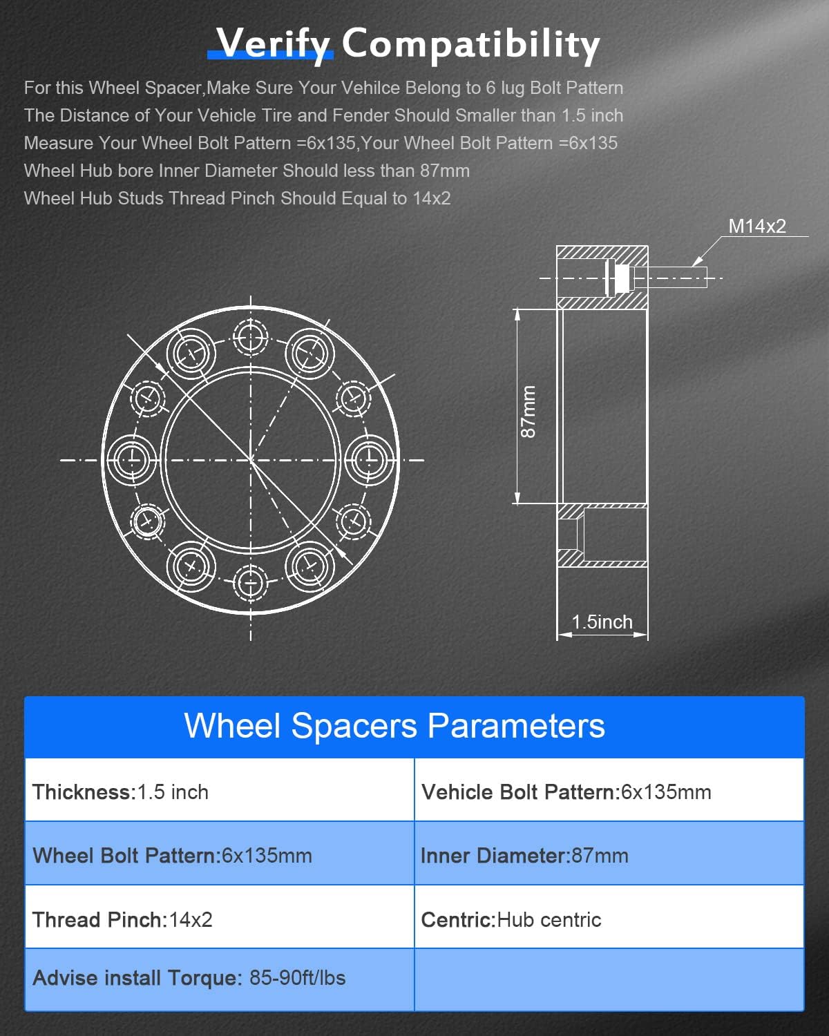 ECCPP 4X Black 1.5" Hub Centric Wheel Spacers 6x135mm 6 Lugs14x2 Adapters for Raptor Expedition