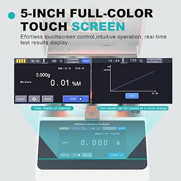 Lab Solid Halogen Moisture Analyzer 110g, High-Precision Grain Moisture Analyzer with 5in Touch Screen & RS232 Interface, 3 Ending/Drying Modes, for Agriculture, Medicines,MBA1103(HBM)(110g/0.001g)