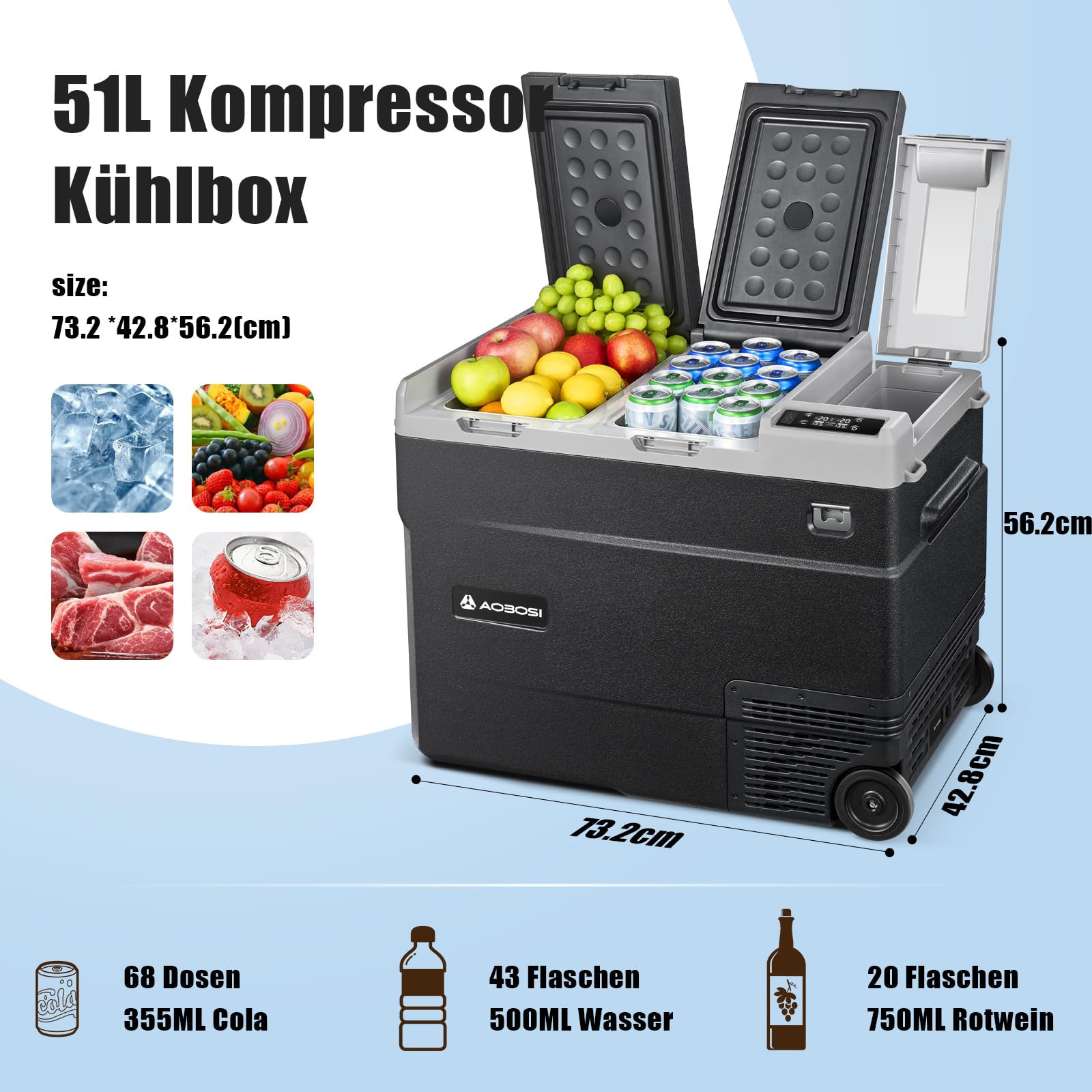 AAOBOSI 55L Kompressor Kühlbox – 12V/230V Kühlbox Elektrisch Dual Zone mit Rädern & Griff, IPX4 Wasserdicht, APP Steuerung, -20°C bis 20°C – Ideal für Auto, Camping, Boot, Wohnmobil, Angeln Outdoor