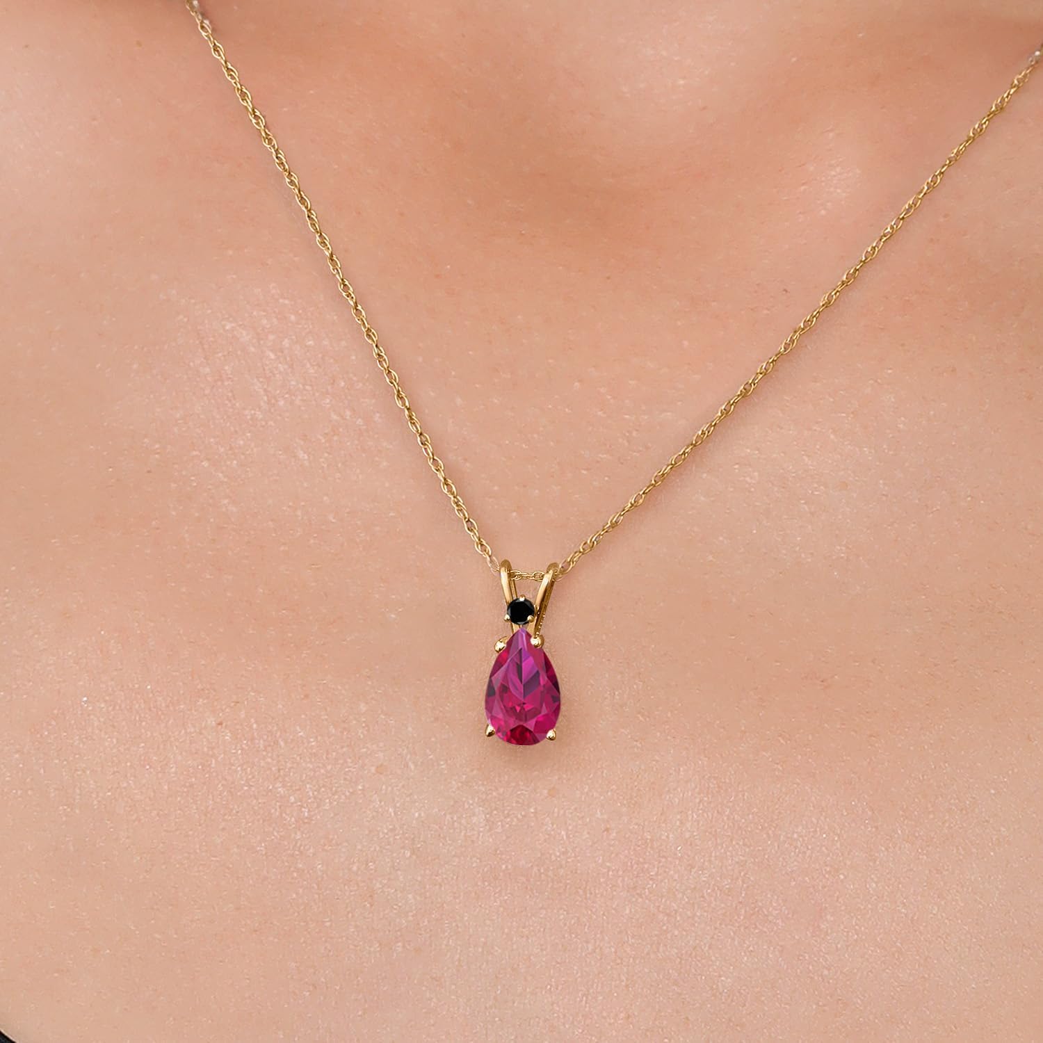 Gem Stone King 14K Yellow Gold Red Created Ruby and Black Diamond Pendant Necklace for Women | 2.24 Cttw | Gemstone July Birthstone | Pear Shape 10X7MM | With 18 Inch Chain - Image 3