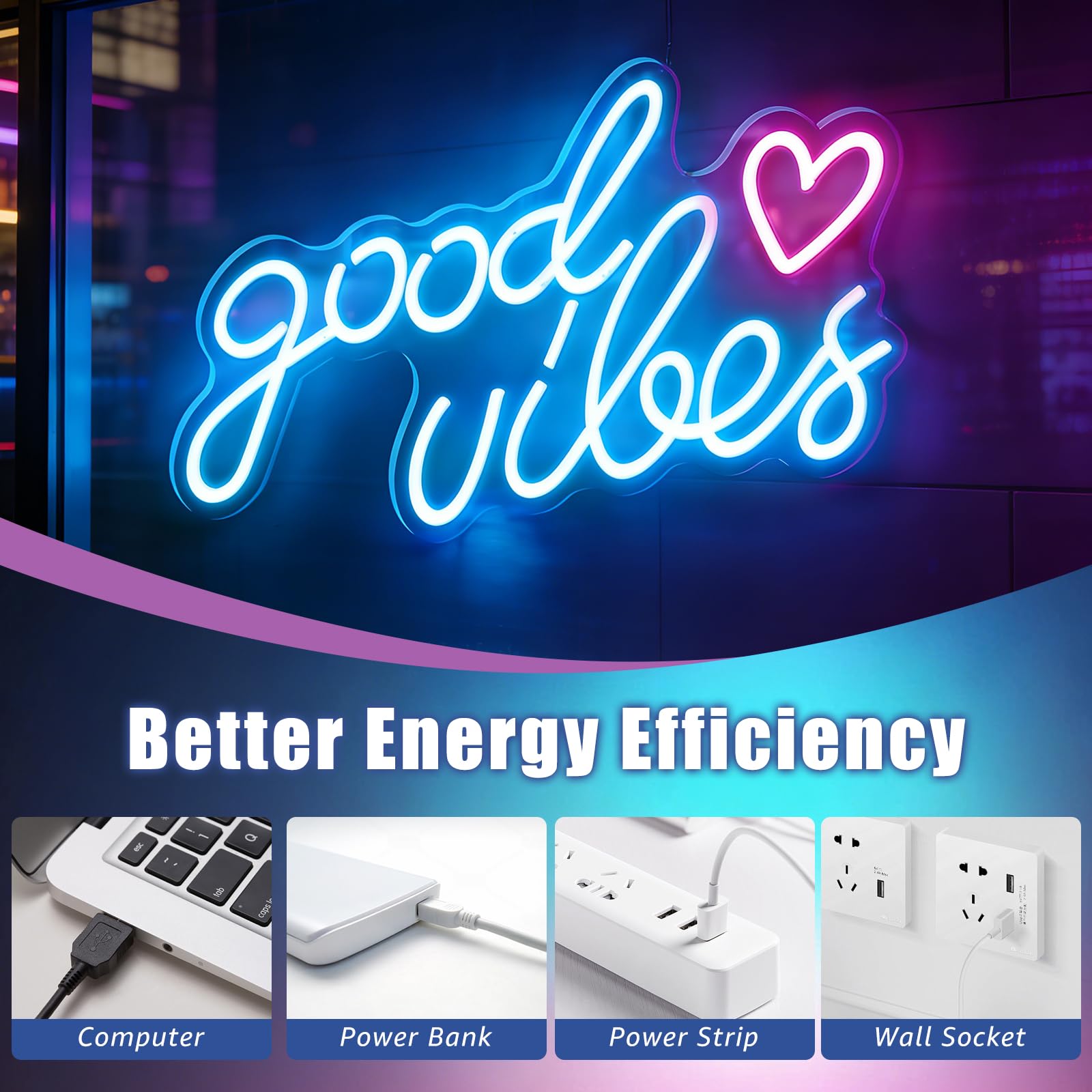 Blue Good Vibes Néon LED, Néon Mural Lettre USB, Lampe Neon Enseigne Lumineuse Good Vibes Words LED pour Chambre à Coucher, Chambre D'Enfant, DéCoration Murale, Bar, Mariage, FêTe, One Piece 40*22cm
