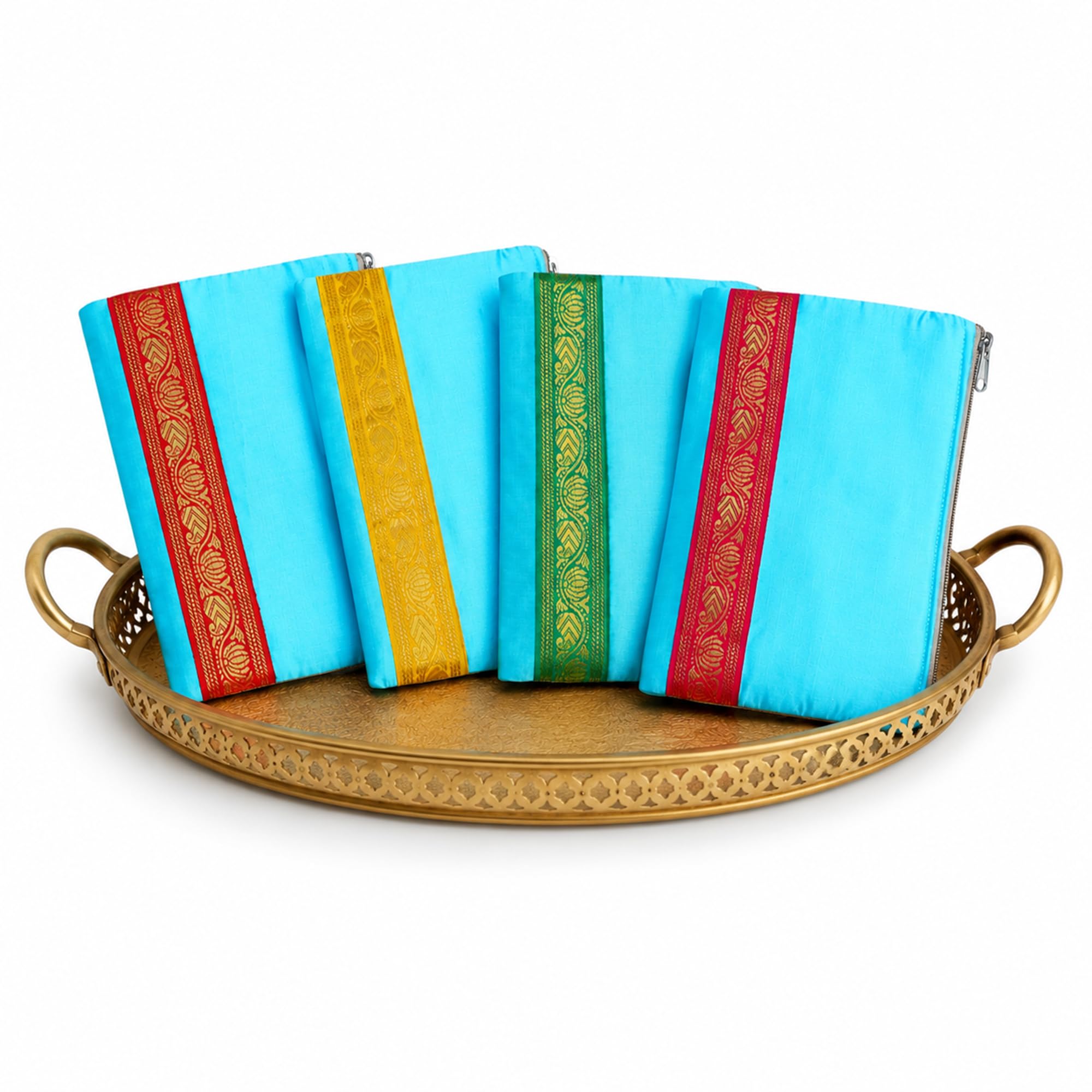 parisukkadai Traditional Silk Purse for Women Set of 4 | Ethnic Fabric Mobile Purse with Zari Border | Multipurpose Makeup Travel Utility Pouch | South Indian Return Gift Pouch | Blue-picture-24
