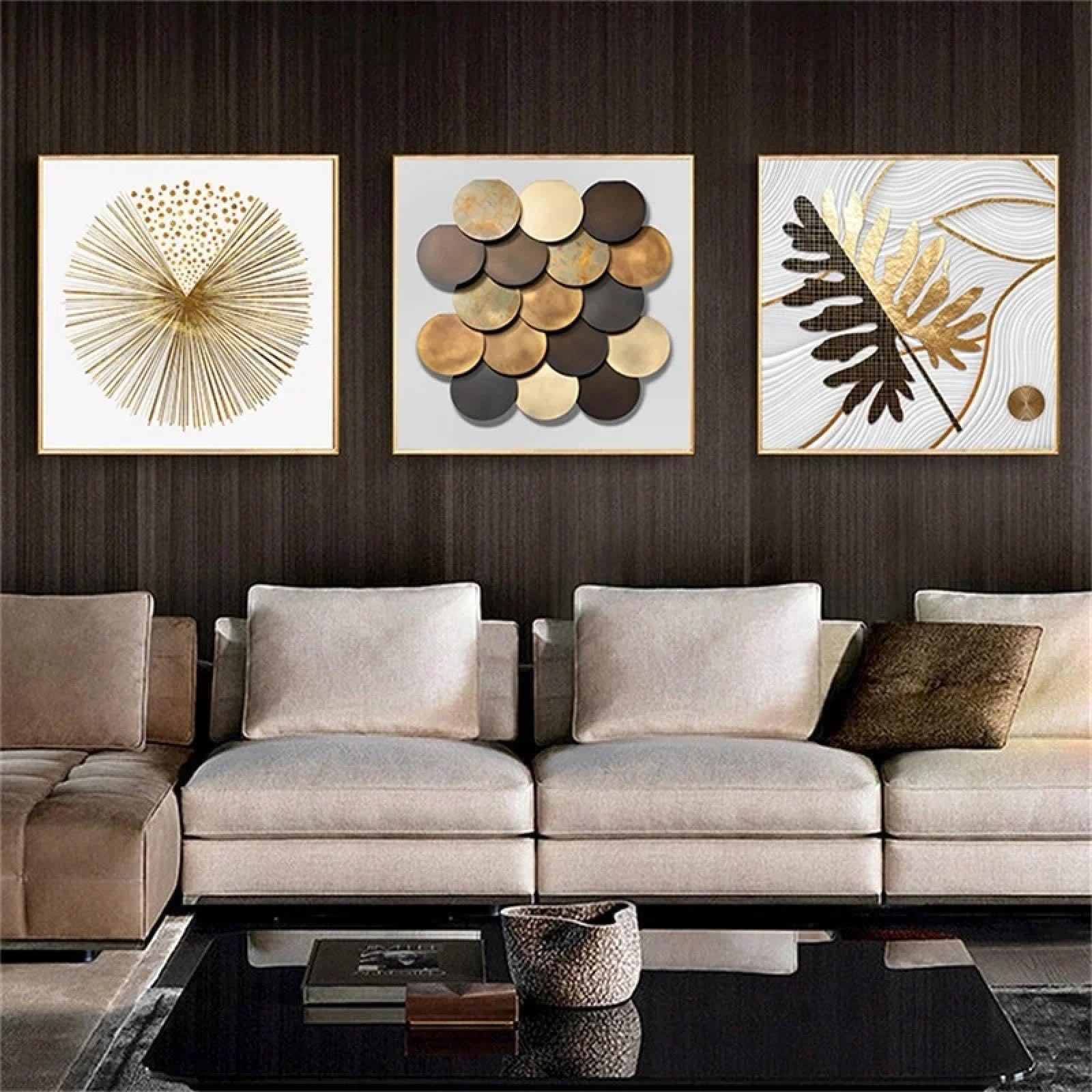 Décoration d'intérieur 40 x 40 cm triptyque abstrait géométrique doré - 8