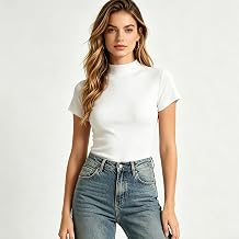 Women's Mock Neck T-Shirt, Short Sleeve Slim Fit Stretchy Basic Top
