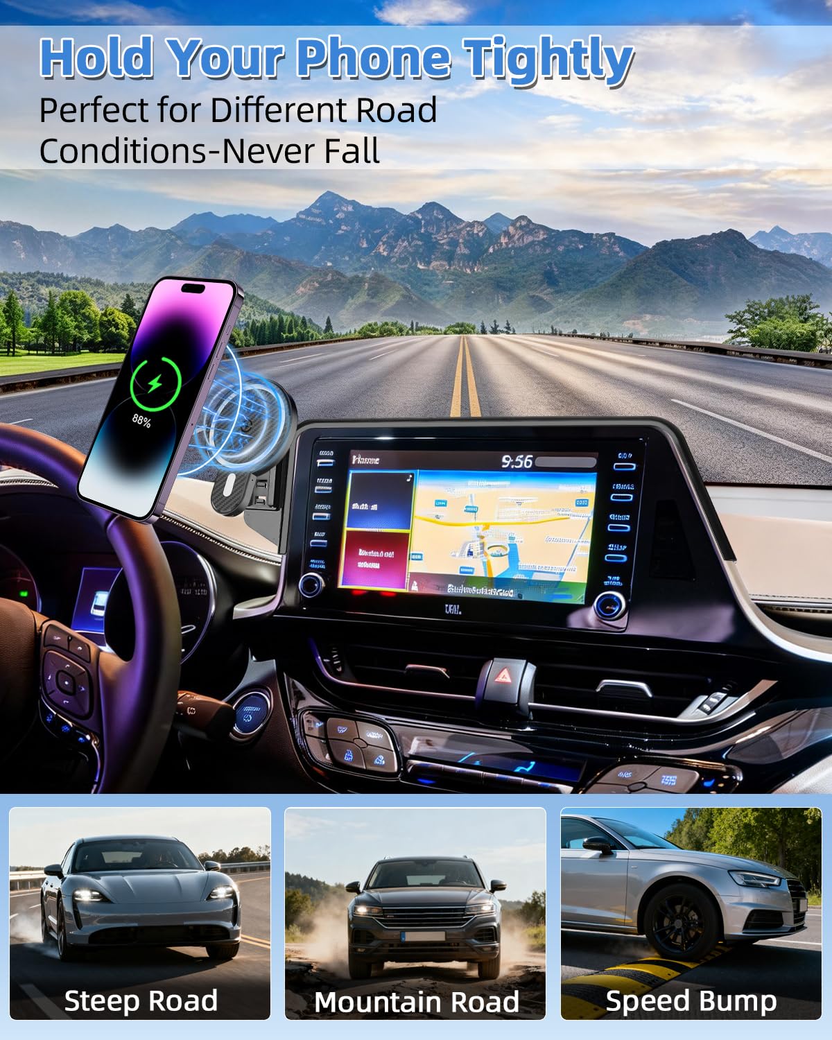 Supporto per telefono da auto per Toyota C-HR CHR 2019 2020 2021 2022 Accessori Schermo da 8 pollici Rotazione a 360 ° Culla per smartphone Supporto magnetico 15W Caricabatterie wireless veloce