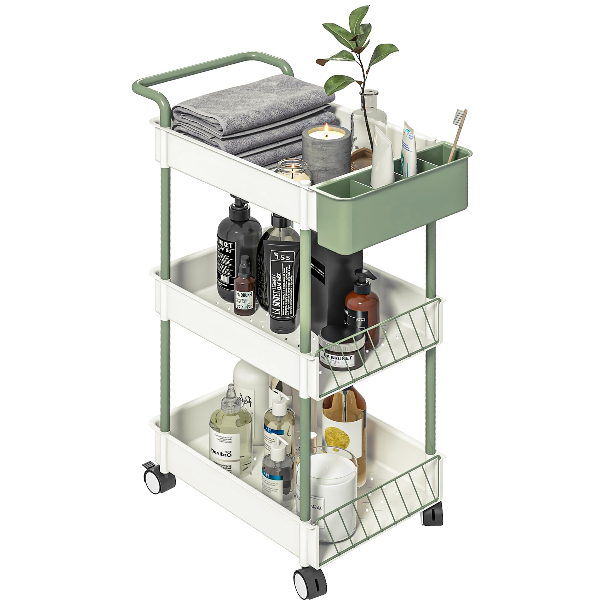 HOMCOM Carrito de Almacenamiento Carro Auxiliar con Ruedas de 3 Niveles Carrito de Cocina con Asa y Caja Extraíble para Baño Oficina Sala Comedor 50x29,4x77 cm Blanco