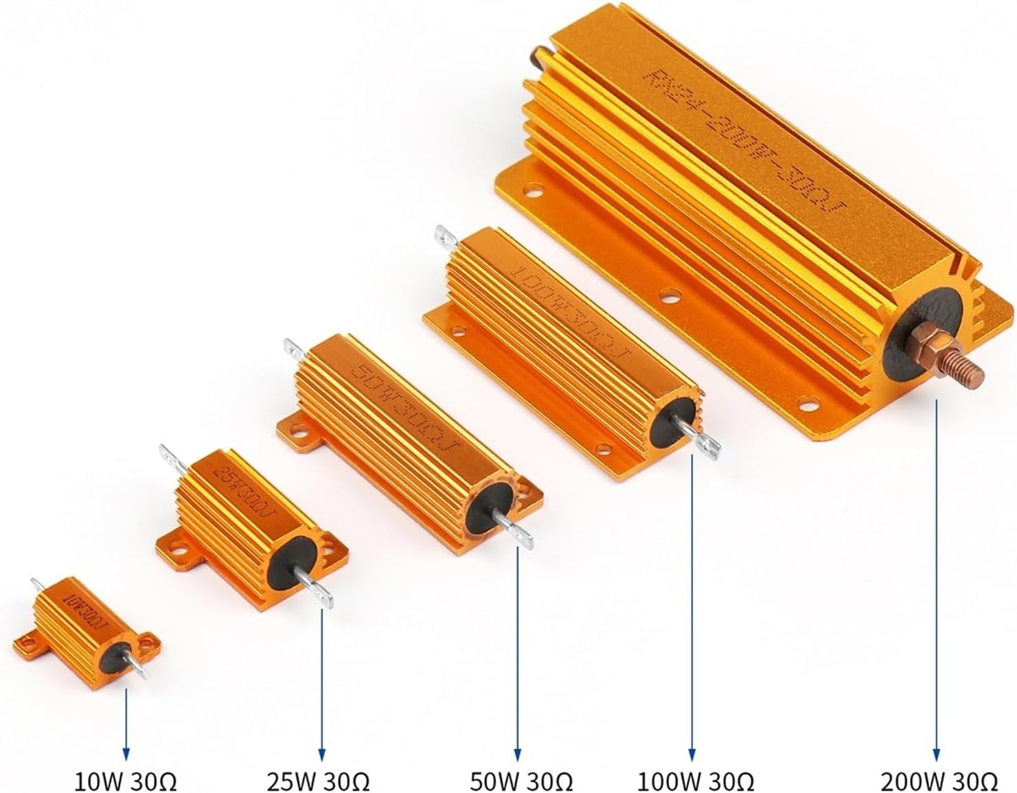 1Pcs 50W 100W Aluminum Power Metal Shell Wirewound Resistor RX24 0.1R~10K 5 6 8 10 20 100 150 1K 10K ohm Gold Resistors(50W-150R)