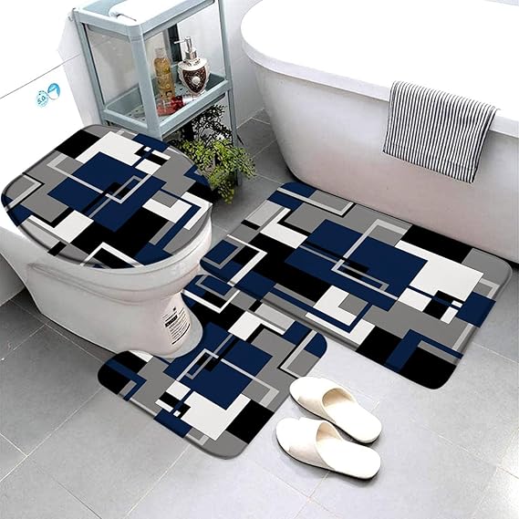 3 Pieces Set Blue Geometric Bath Mat Black White and Gray