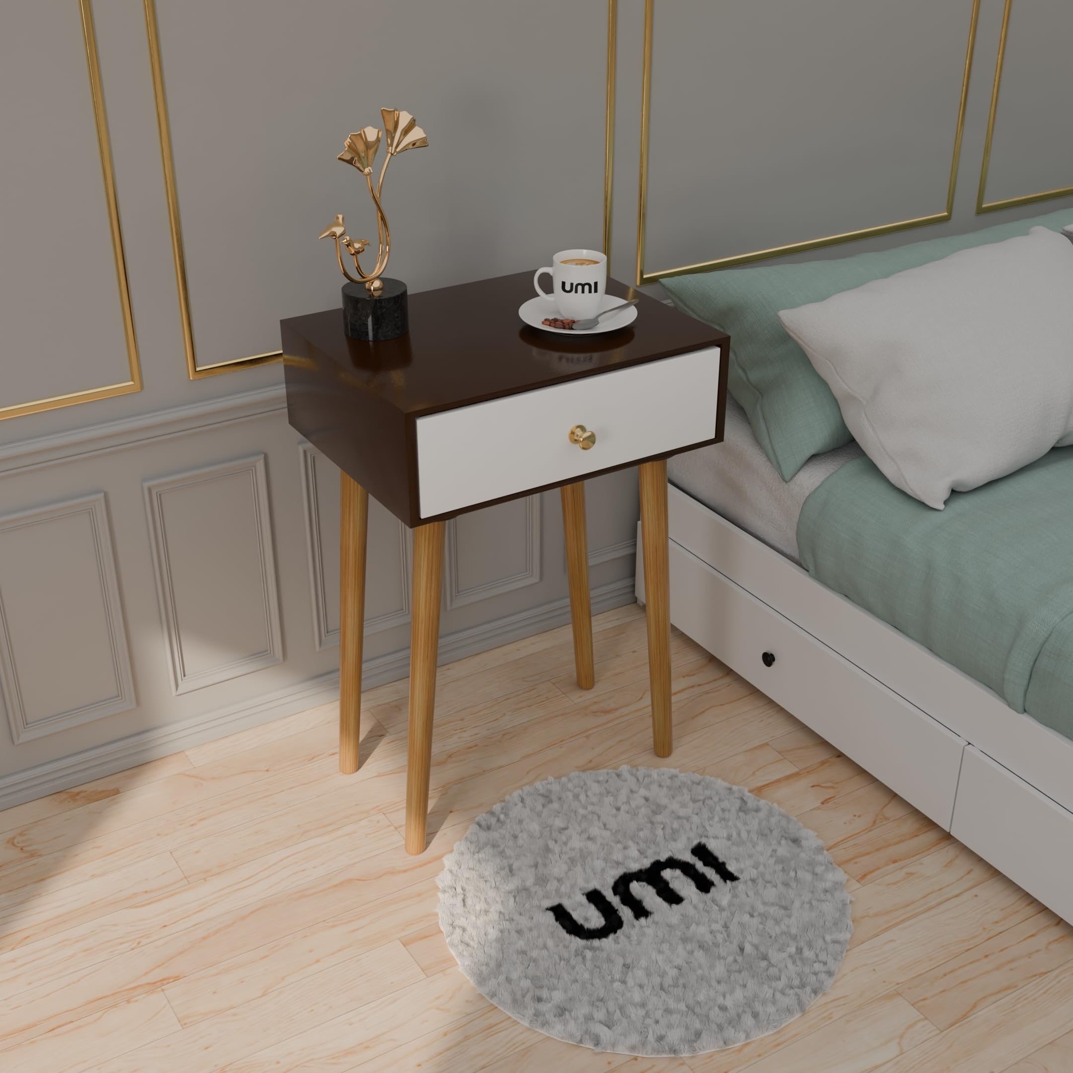 Amazon Brand - Umi Modern Bedside Table with Solid Wood Legs, Minimalist and Practical End Side Table with Drawer Storage, Easy Assembly (Brown-White)-image-12
