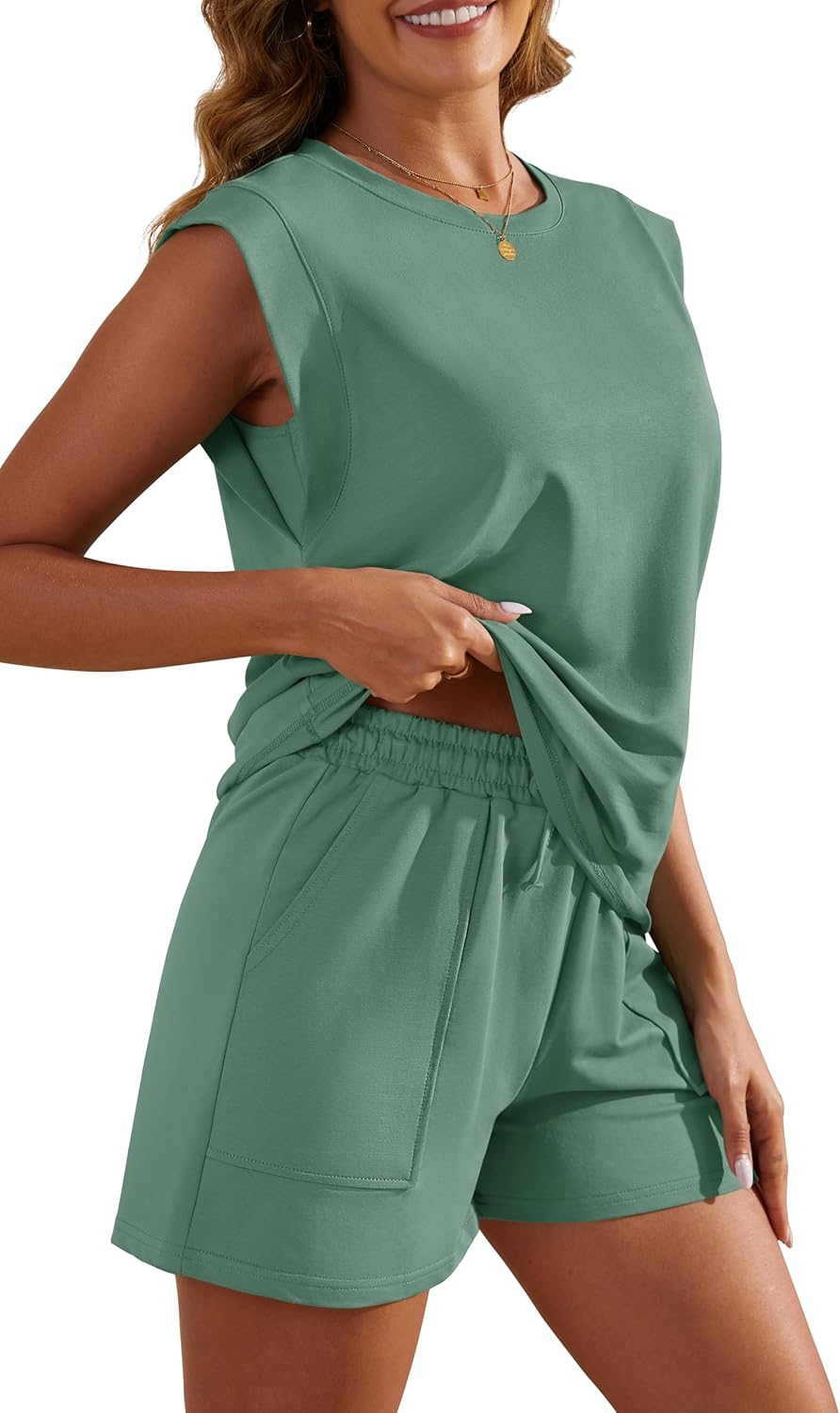 RUBZOOF Two Piece Sets for Women Summer Cap Sleeve Lounge Short Sets Crewneck Outfits with Pocket - Image 2
