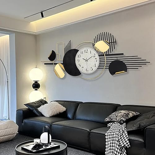 HAVFIFK Arte de pared de metal con geometría moderna, decoración de pared de 59.1 x 22.8 pulgadas, reloj de pared analógico, silencioso, sin tictac,