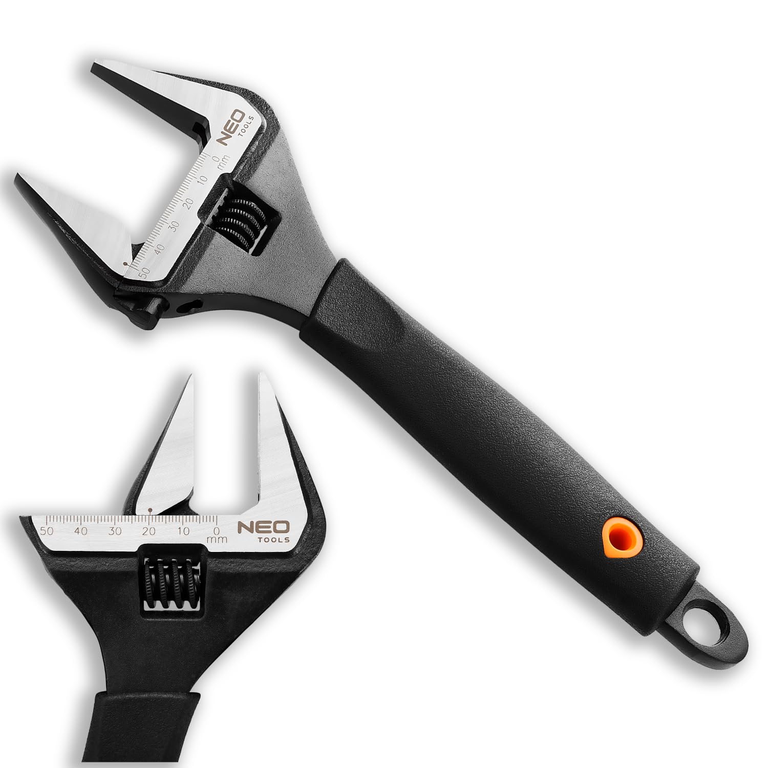 NEO TOOLS Schraubenschlüssel verstellbar | Backenverstellbereich 0-50 mm | Länge: 250 mm | Rohrzange & Rollgabelschlüssel aus Chrom-Vanadium Stahl | Ergonomischer Gummi Griff