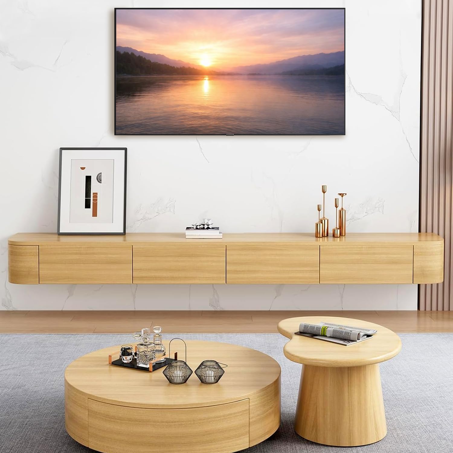 Mueble TV Suspendido Moderna con luz LED | Consola de Medios de Entretenimiento Montada en la Pared | Banco de TV con Gran Capacidad de Almacenamiento para Sala de Estar y Oficina (Madera, 200cm)