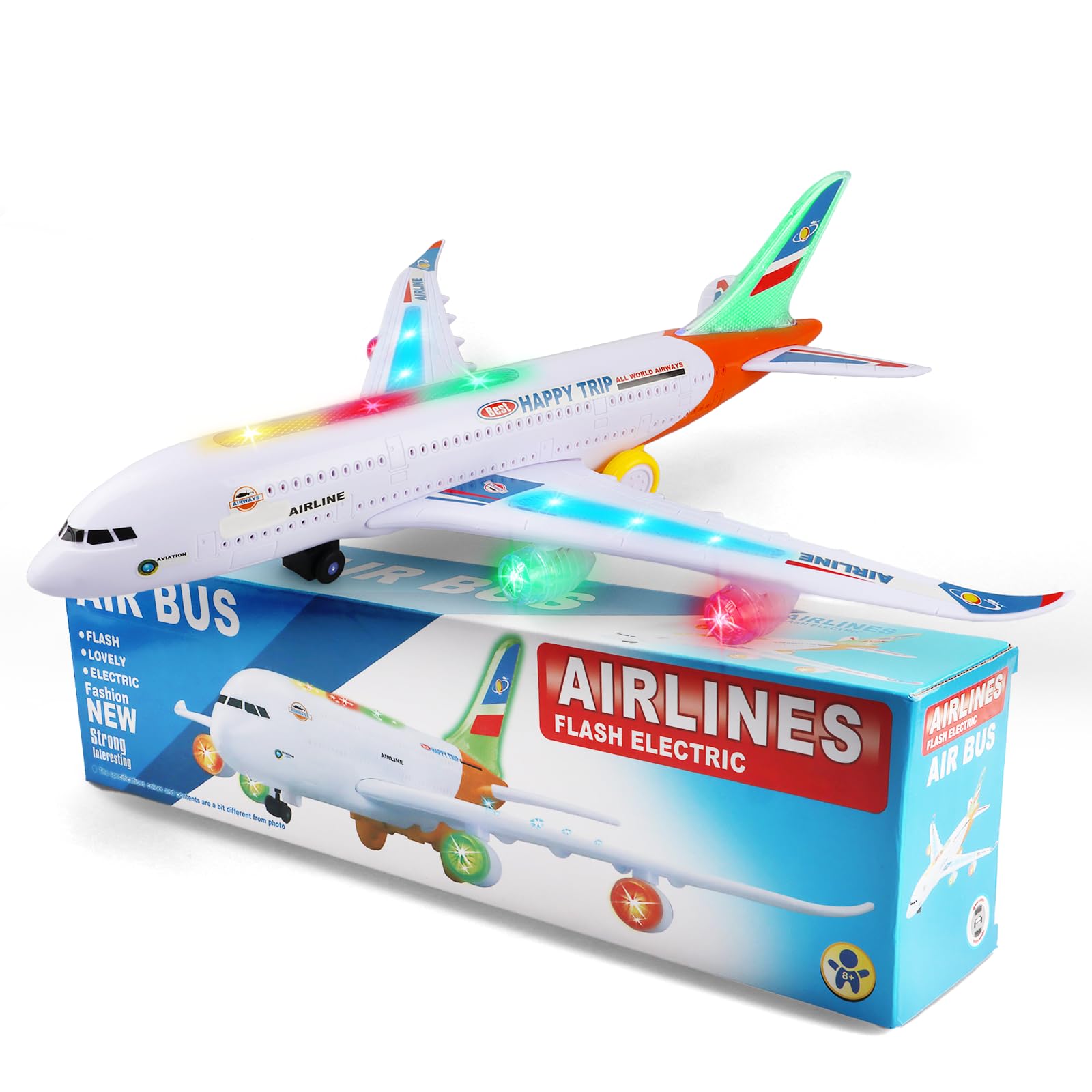 VYKOBLO Aeroplane Toy with Bump & Go – Airplane Model with 4D LED Lights and Sound, Moving Plane Toy for Boys and Girls Ages 3-12, Great Gift for Kids (Orange)