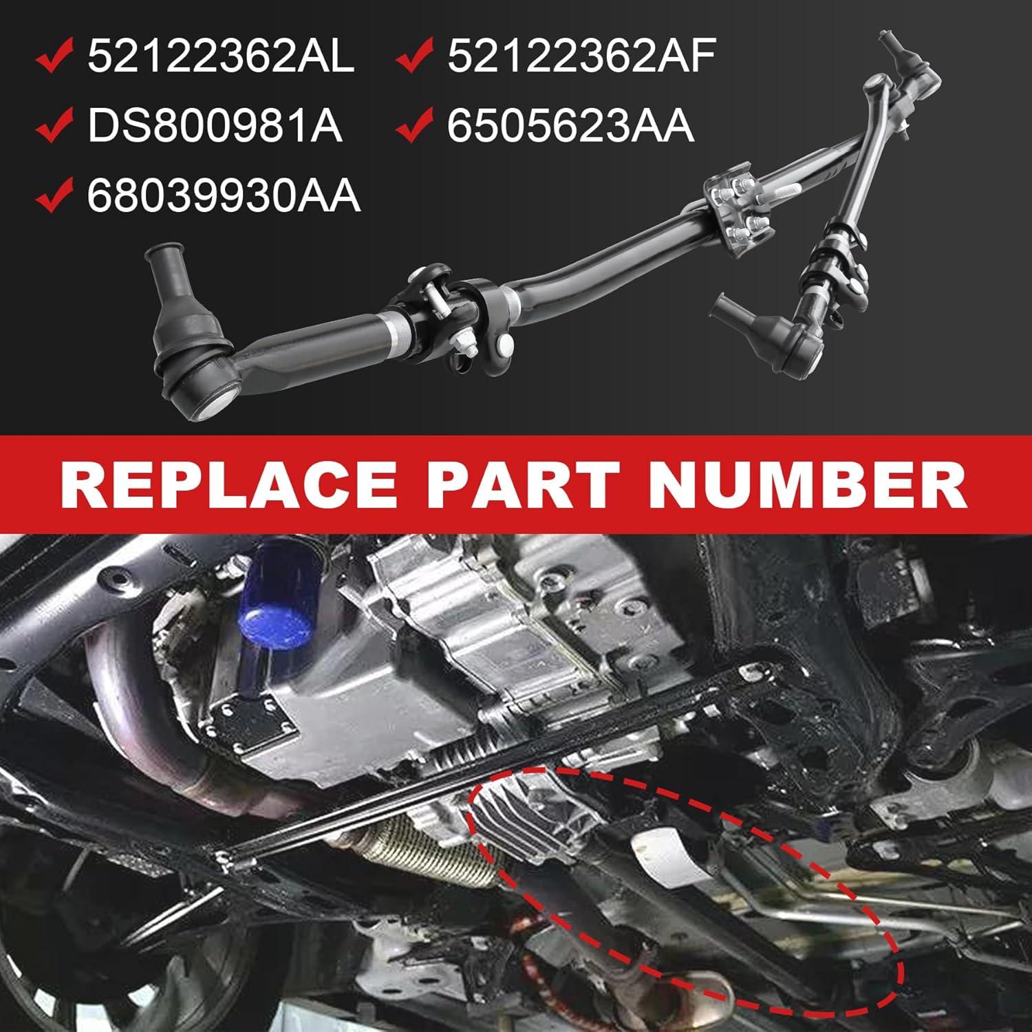 Front Steering Linkage Drag Link Tie Rod Kit Assembly Replacement for Dodge Ram 1500 2500 3500 Truck 4WD Replaces 52122362AL 52122362AF DS800981A 6505623AA 68039930AA