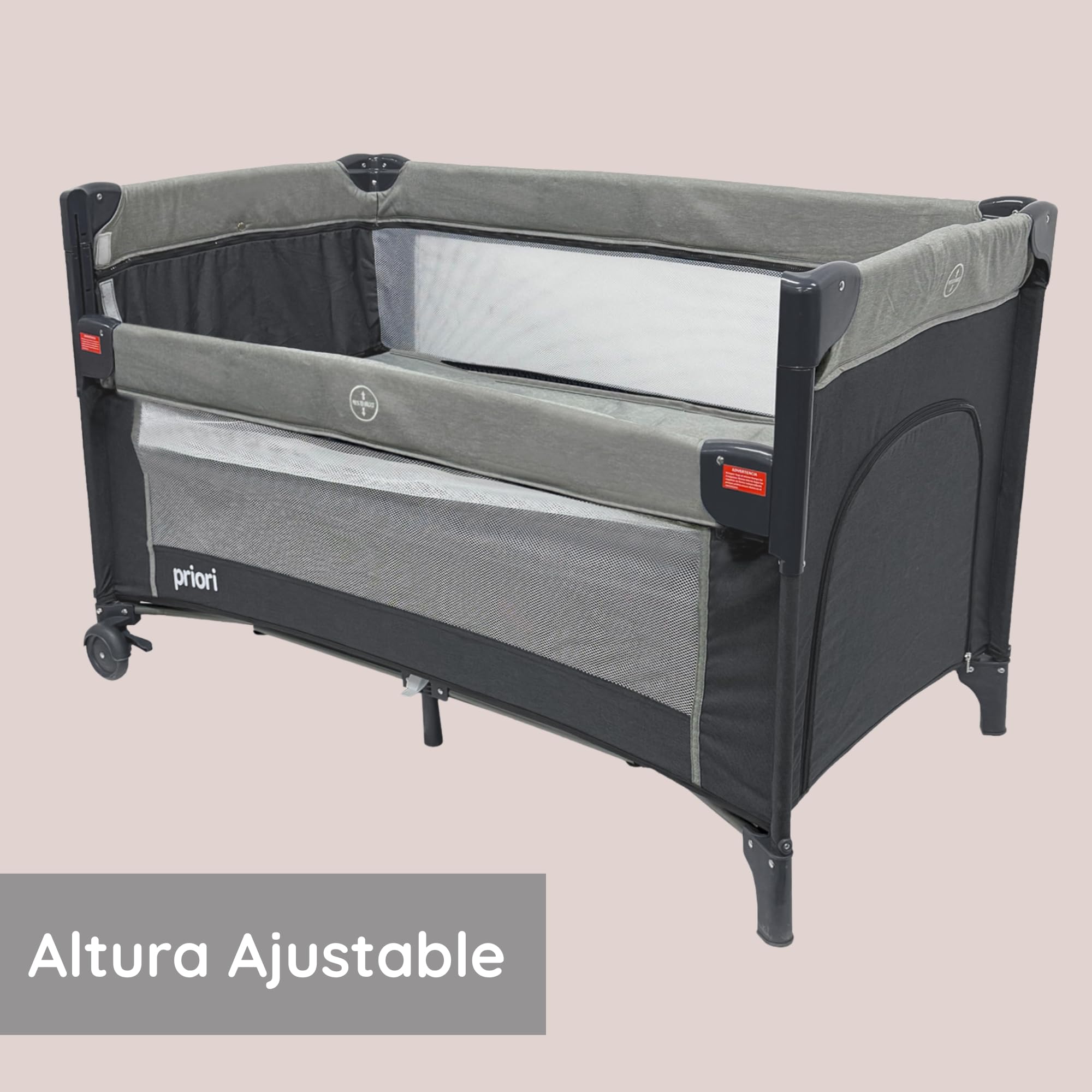 Priori Baby Halley Cuna Colecho Convertible 2 en 1 para Bebé – Portátil con Cambiador, Toldo y Juguetes, Regulable en Altura con Malla Transpirable Ruedas con Freno y Colchón Suave, Hasta 15 kg (Gris)