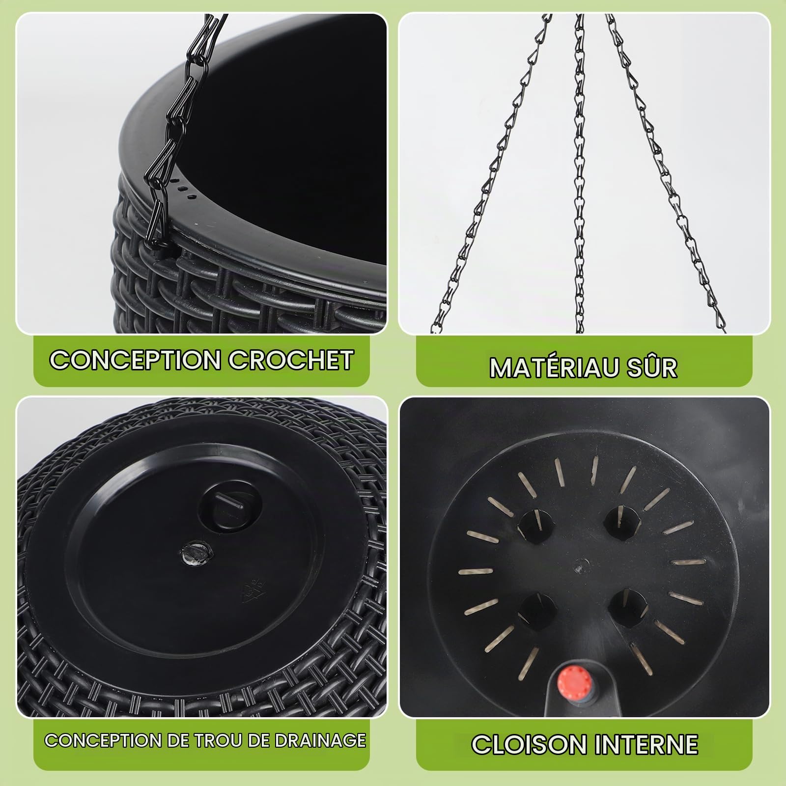 CPROSP 2pcs 28 cm Auto-arrosage des Plants Suspendu Savec Indicateurs d'eau | De Niveau; Pot de Fleur Suspendu Auto avec Égouttoir et Chaîne pour Lntérieur et Extérieur, Plafonds, Balcons Noir